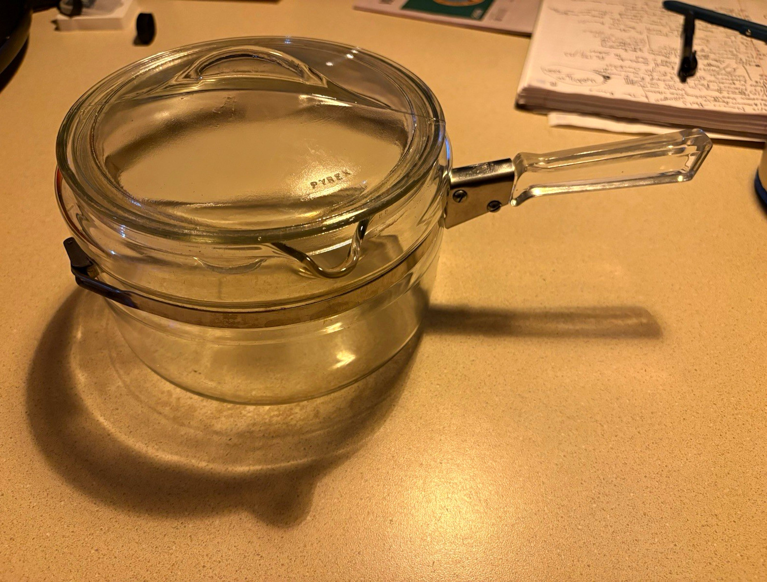 Pyrex Flameware 1.5 Qt Clear Glass Saucepan w/ Lid Long Handle Vintage