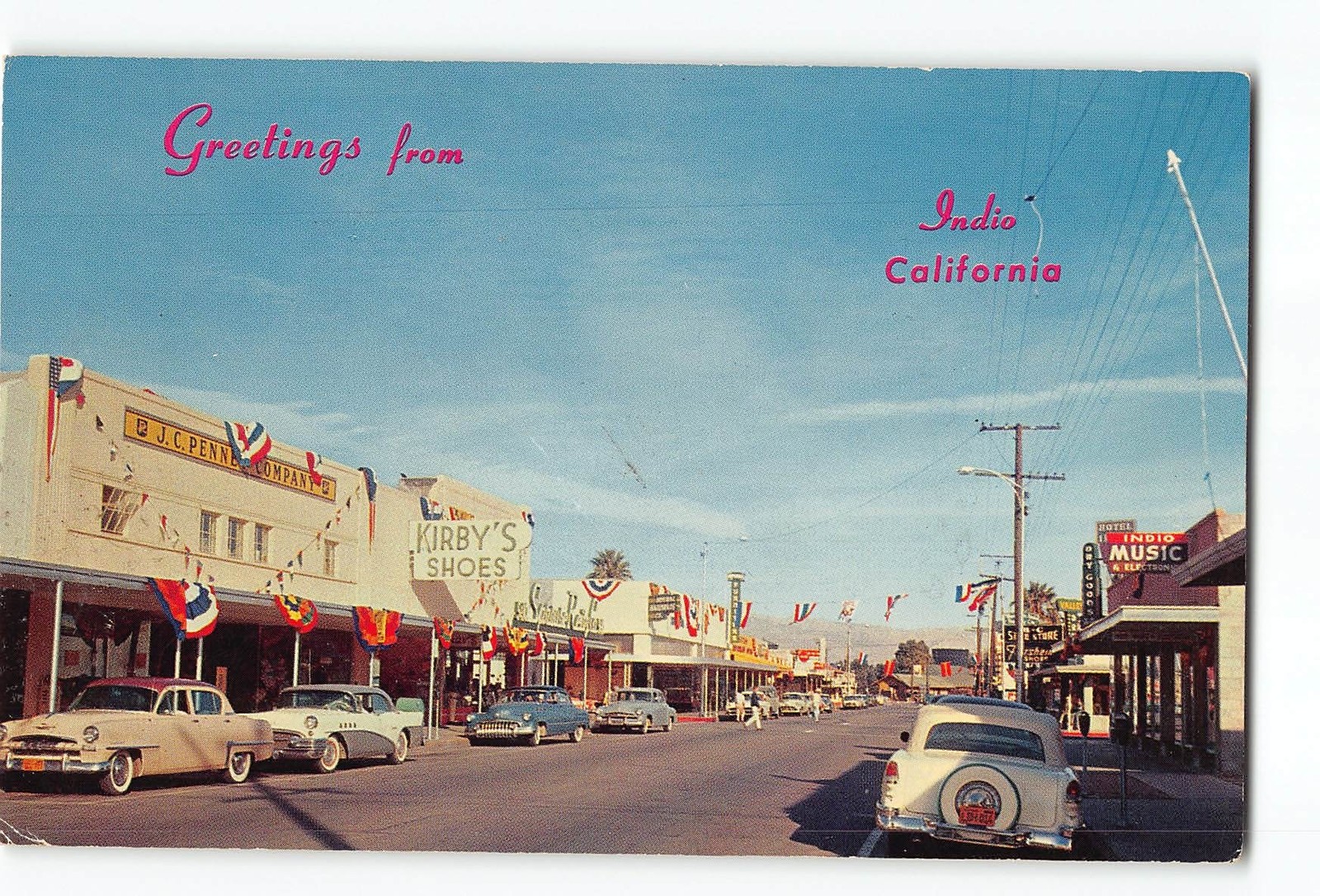 Indio California CA Vintage Postcard Downtown Street Scene Parked Autos