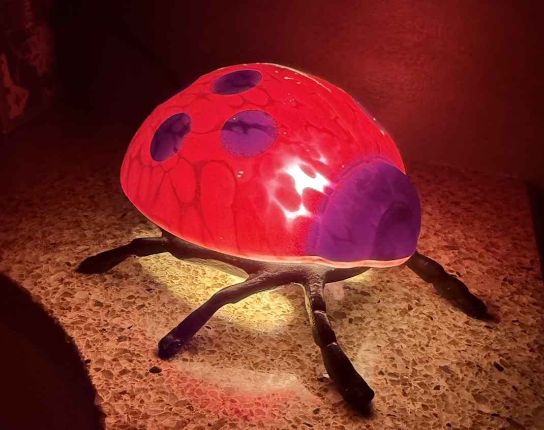 Ladybug Hand Painted Glass Cast Metal Lamp Tested  Red Chipped Paint Vintage
