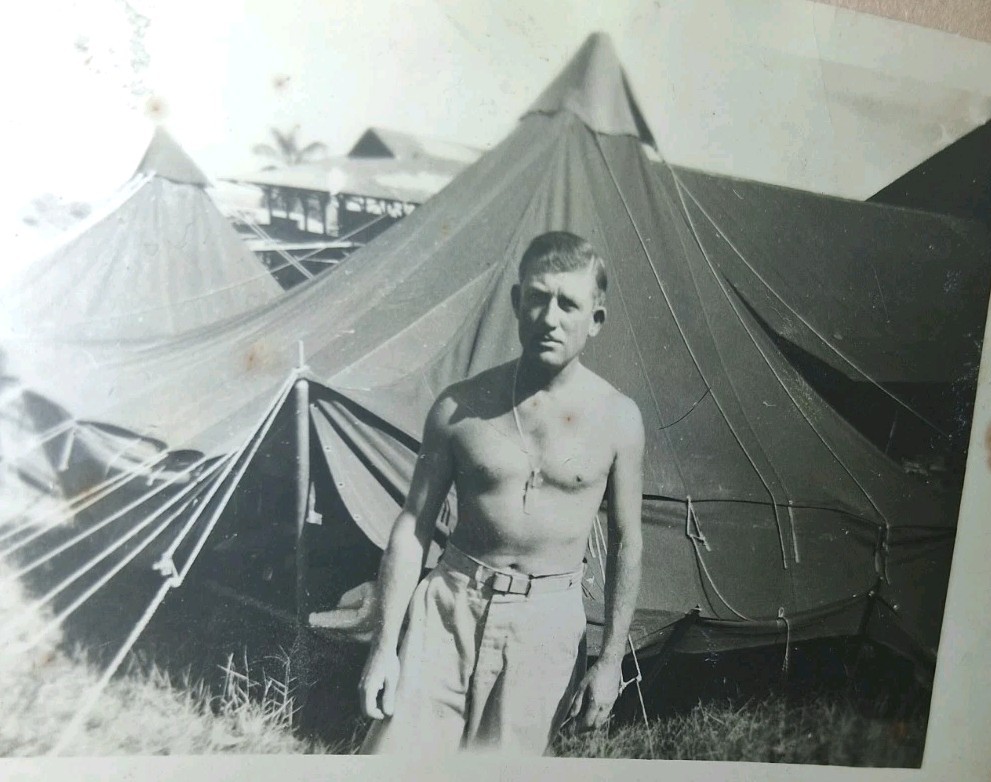 Vtg Sepia Photograph Shirtless Man Tent City beefcake pearl harbor Hawaii 