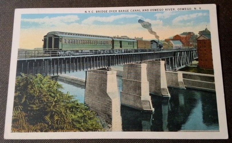 Oswego NY New York Central Railroad Bridge Over Barge Canal Postcard PC 