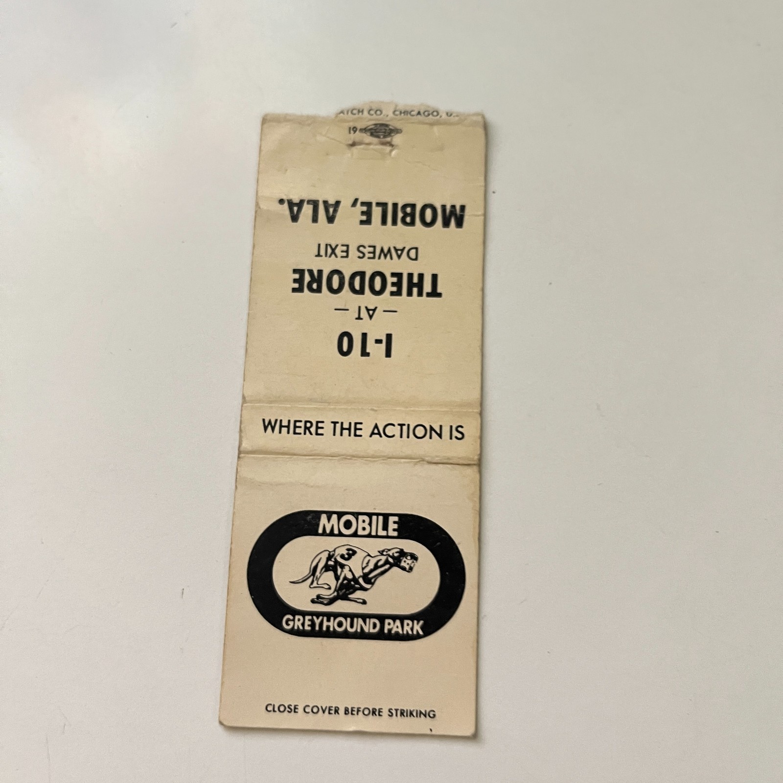 Mobile Greyhound Park Where Action Is Mobile AL Vintage Matchbook Cover TMB82-3