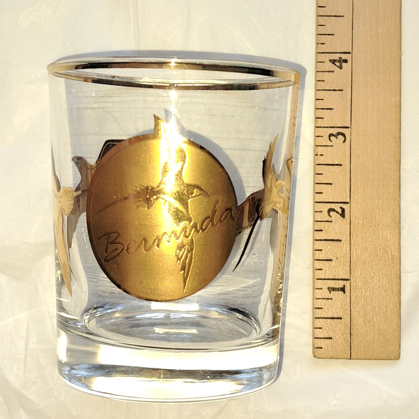 Vintage Bermuda Souvenir Rocks Glass Gold Tropical Bird Cocktail Tumbler Barware