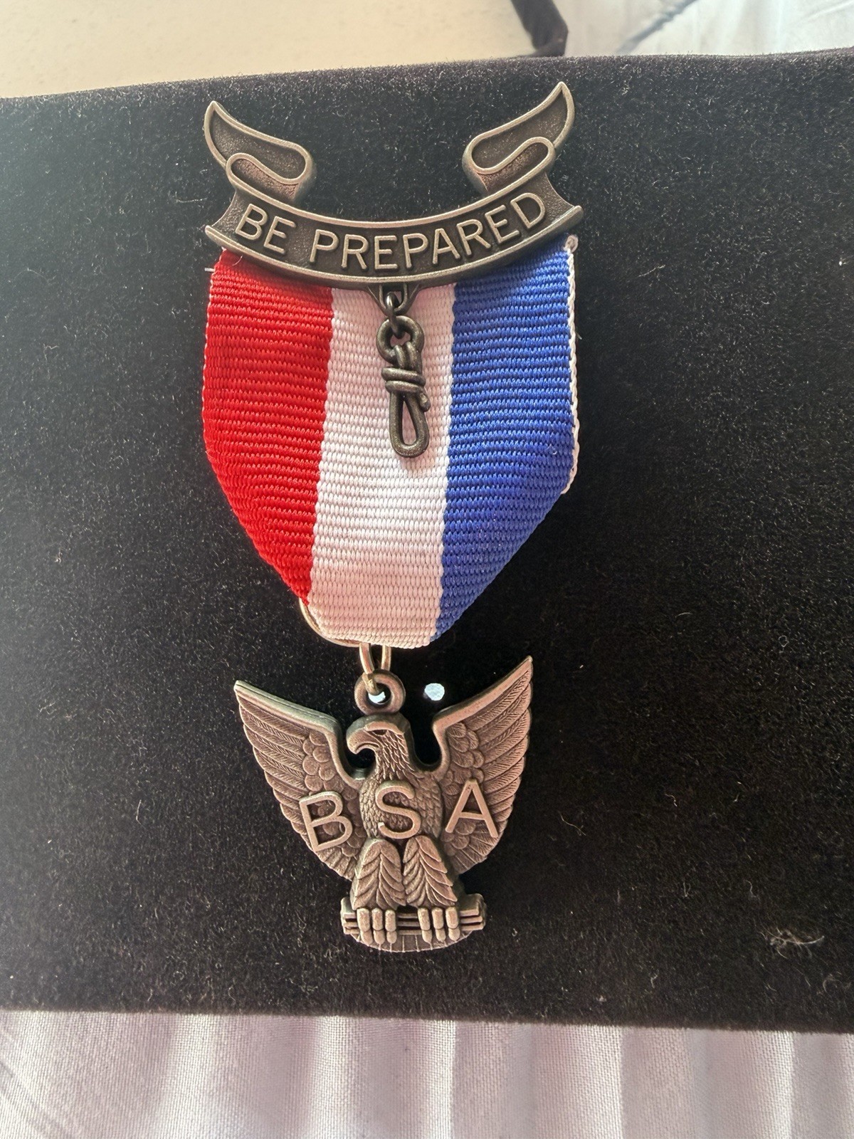 Vintage BSA Eagle Scout Medal Be Prepared Red White Blue Ribbon Original Box
