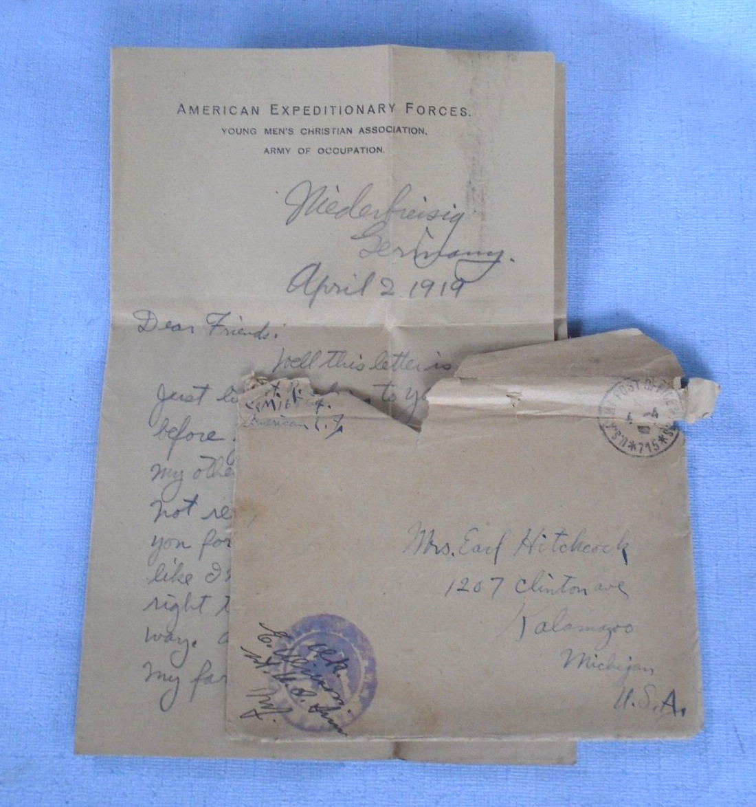 WWI A.E.F. Army of Occupation, YMCA, 1919 letter, Niederbreisig, Germany