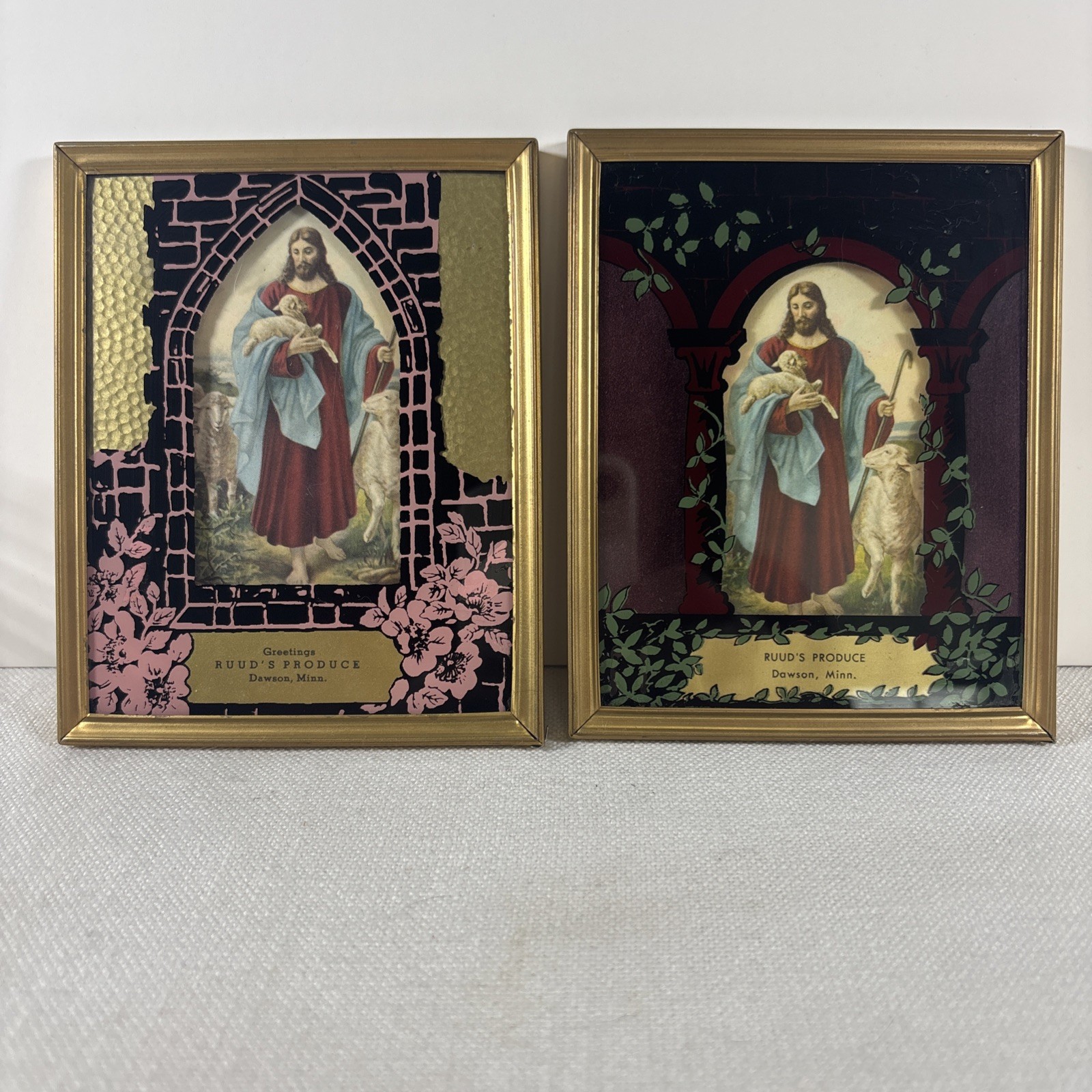 2 Vintage Jesus Framed  Advertising Calendar Good Shepherd Lambs Sheep 1952 1953