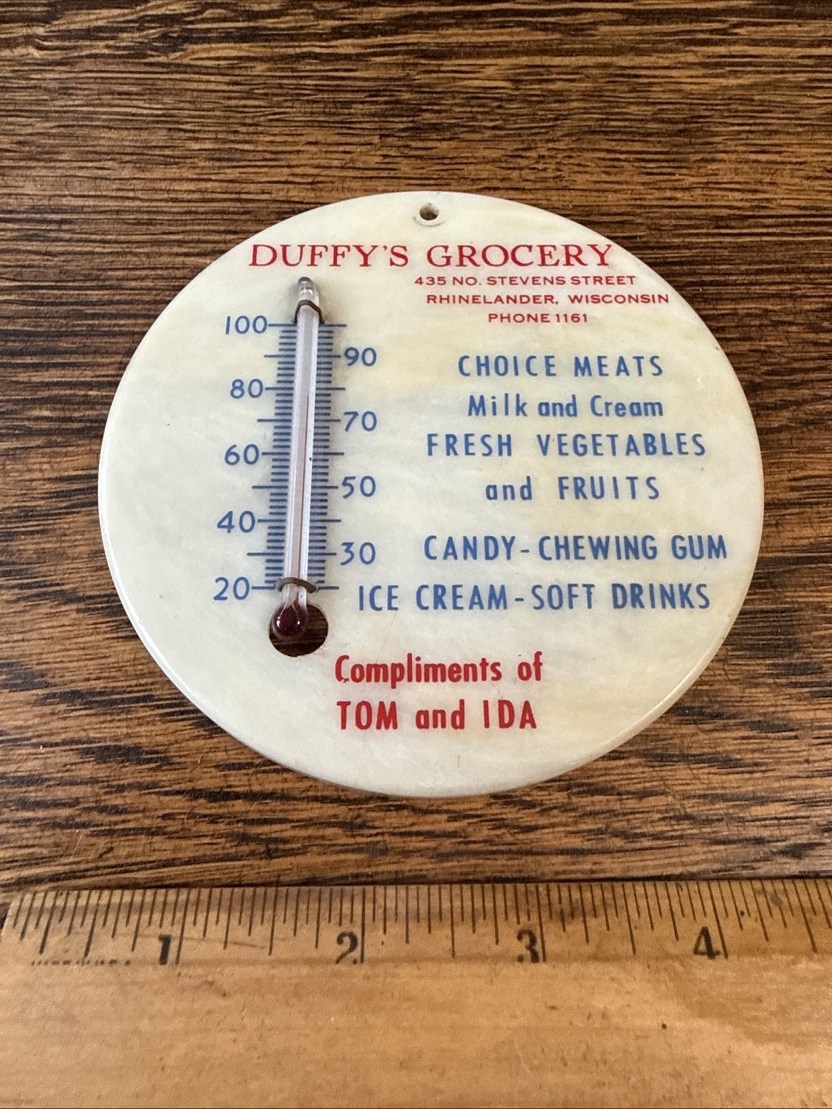 Vintage Duffy’s Grocery Thermometer  Rhinelander Wisconsin Ice Cream Milk Candy