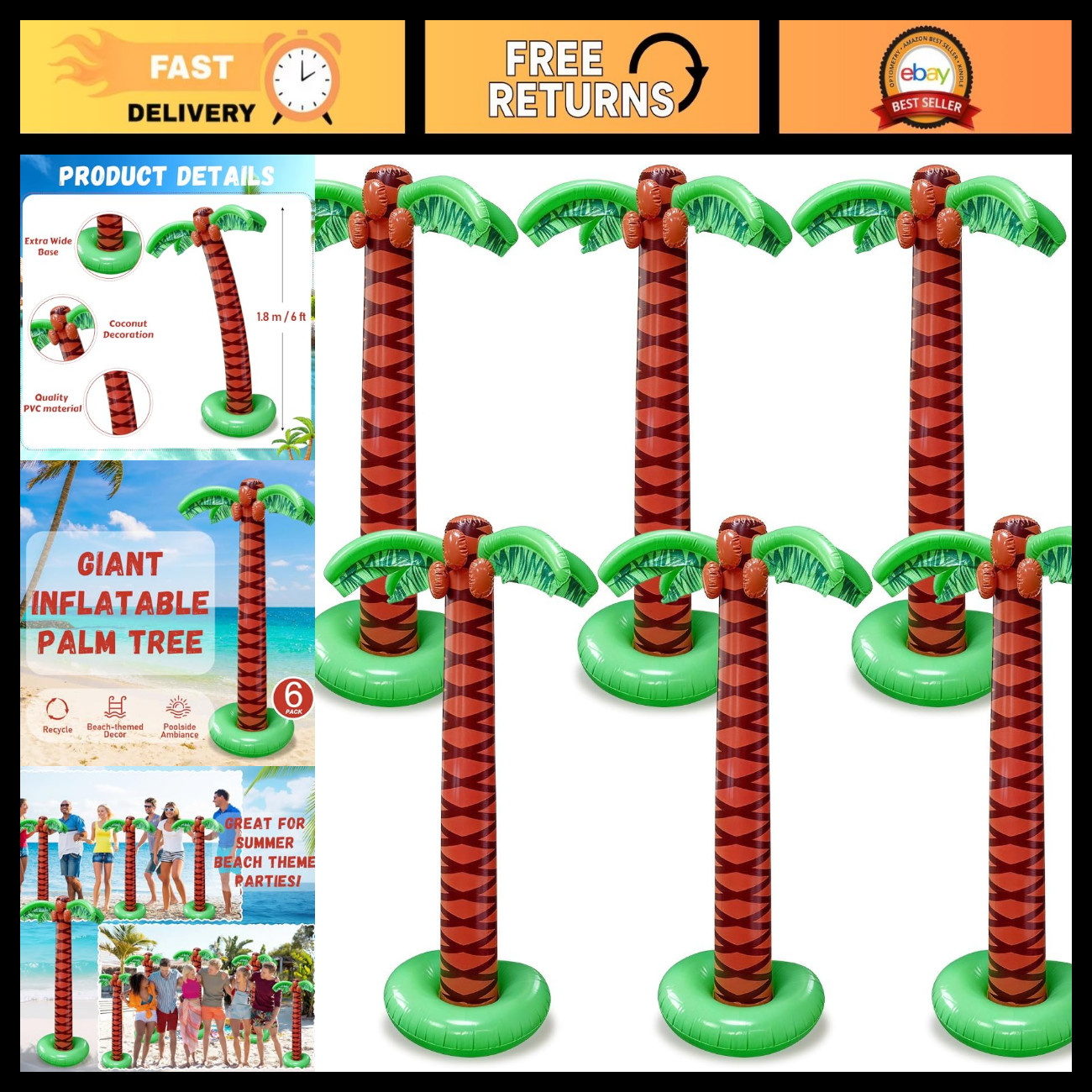 6 Pack Jumbo Inflatable Palm Trees 6 Ft Tropical Blow Up Décor for Parties
