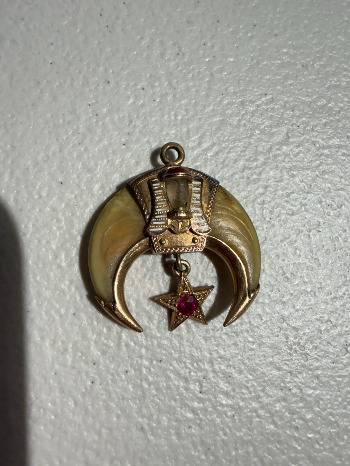 Gold Antique Shriners Masonic Crescent Moon Star Sphinx Pendant Red Stone