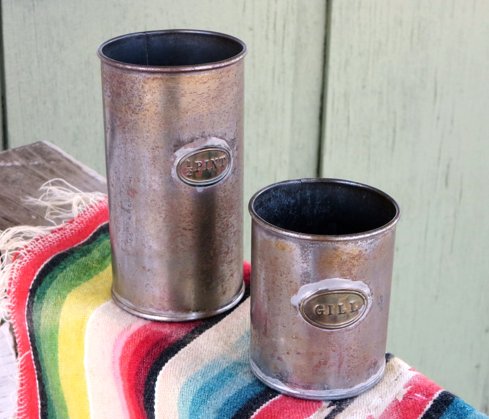Antique Vintage 2 Brown & Polsons Tin Measuring Cups Half Pint & Gill Corn Flour