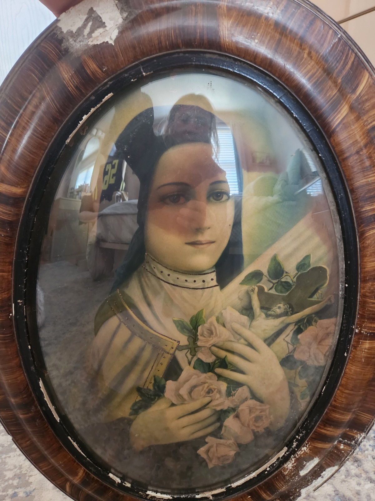 Antique Oval Convex Religious Print Double-Sided St Therese & Madonna Framed