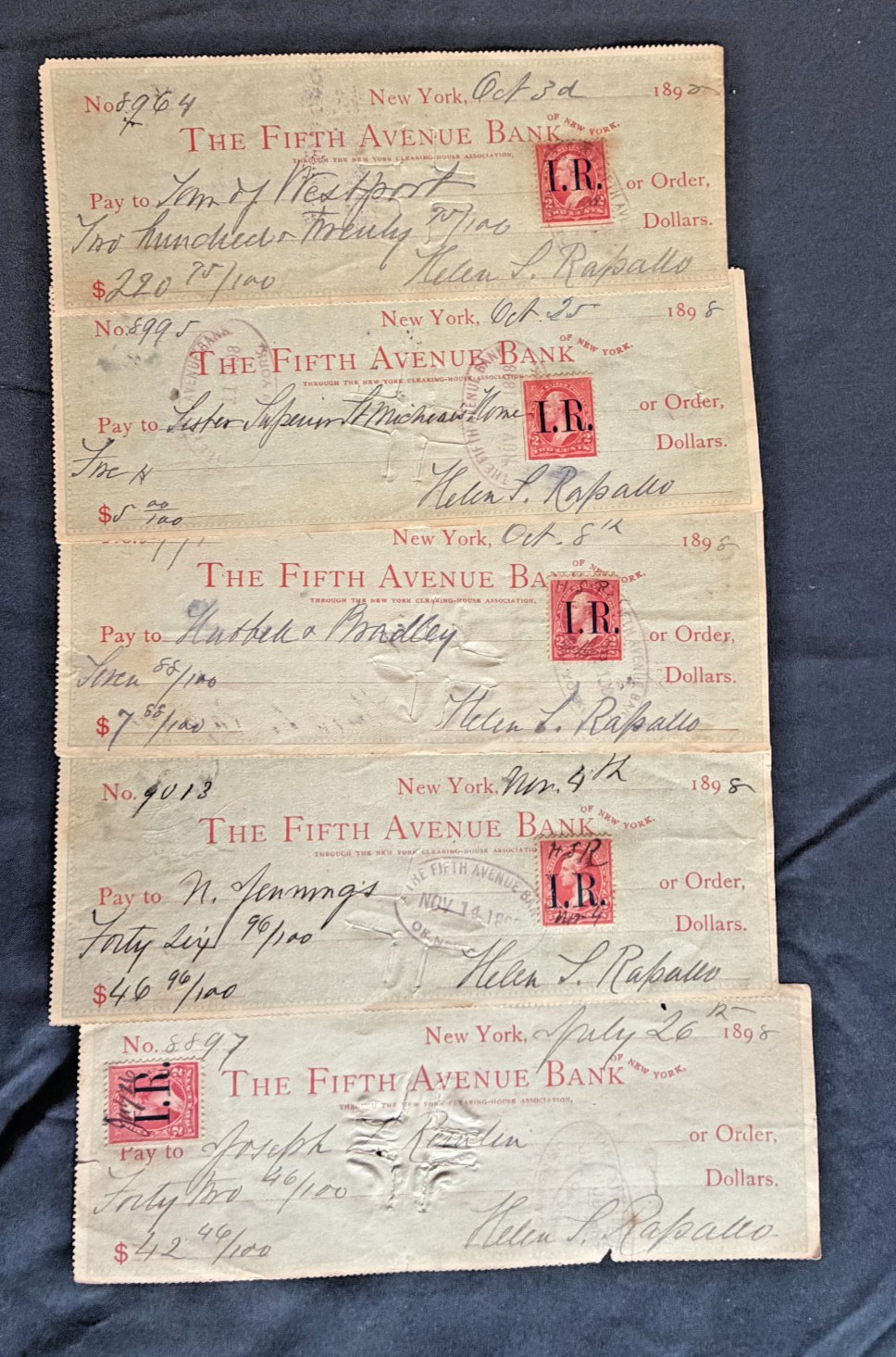 1898 Spanish American War Era Check Lot (5) Revenue Stamps Fifth Avenue Bank NY