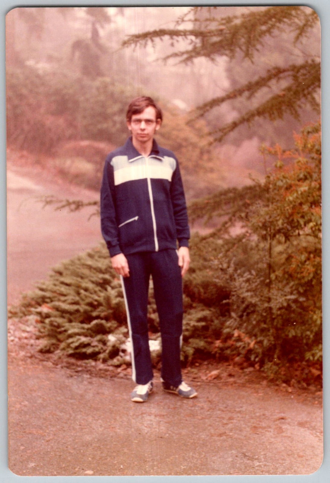 Vtg Color Snapshot Man Navy Blue Striped Tracksuit Sneakers Outdoors Park 1970s