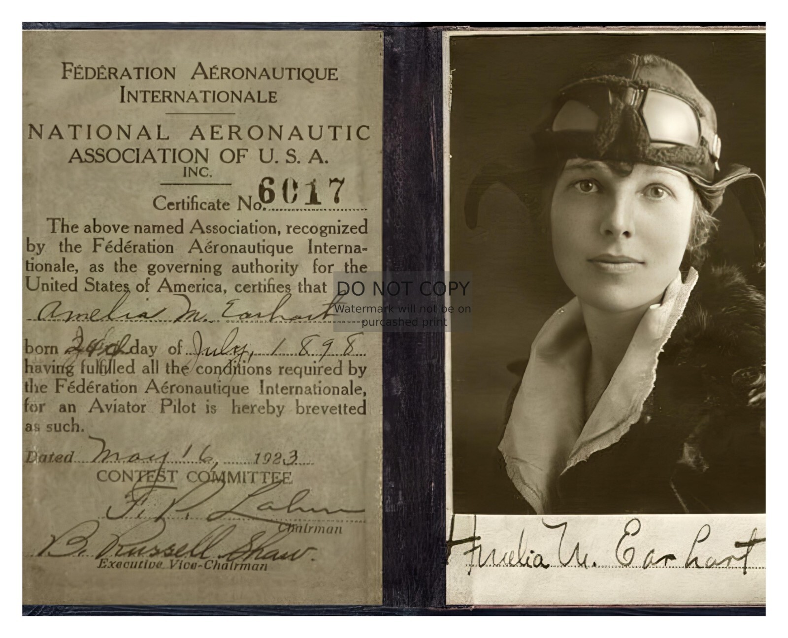 AMELIA EARHART\'S PILOT LICENSE FROM 1923 AVIATRIX AUTOGRAPED 8X10 PHOTO