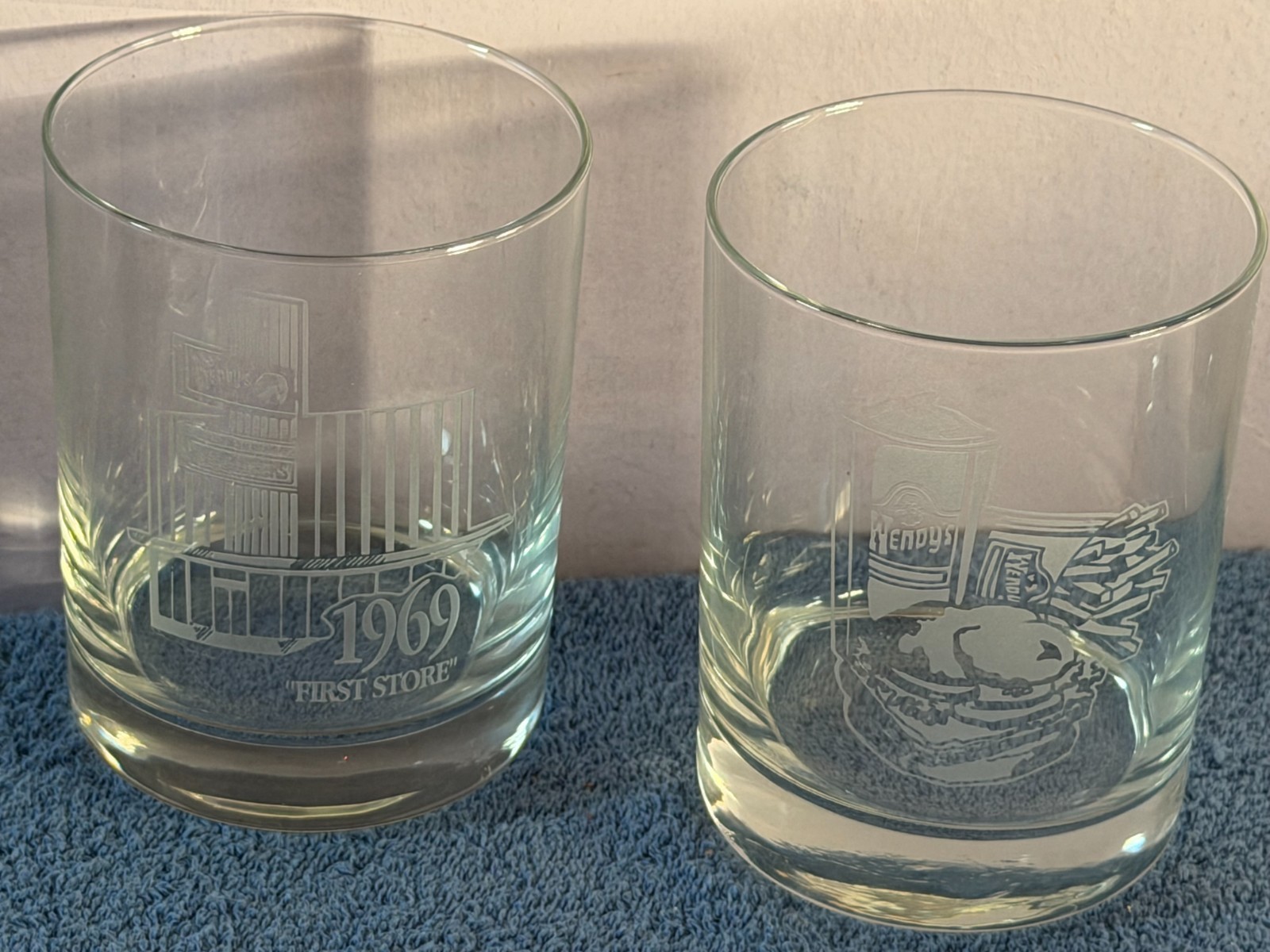 Vintage glasses set of 2 etched Wendy\'s 1969 1st store & Shake burger fries 