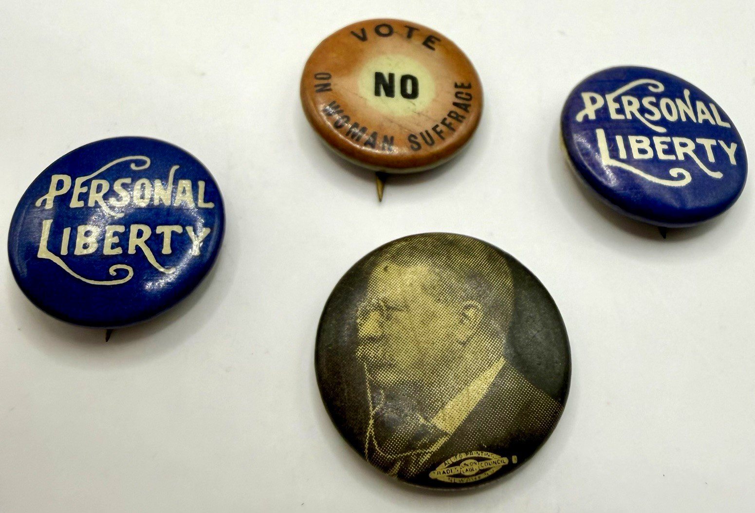 4 Political Pinback Buttons Personal Liberty/Vote No Woman Suffrage - Celluloid