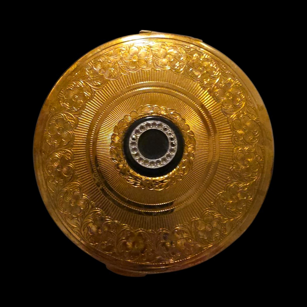 Vintage Kigu Gold-Tone Floral Engraved  Compact – Black Cabochon & Rhinestones