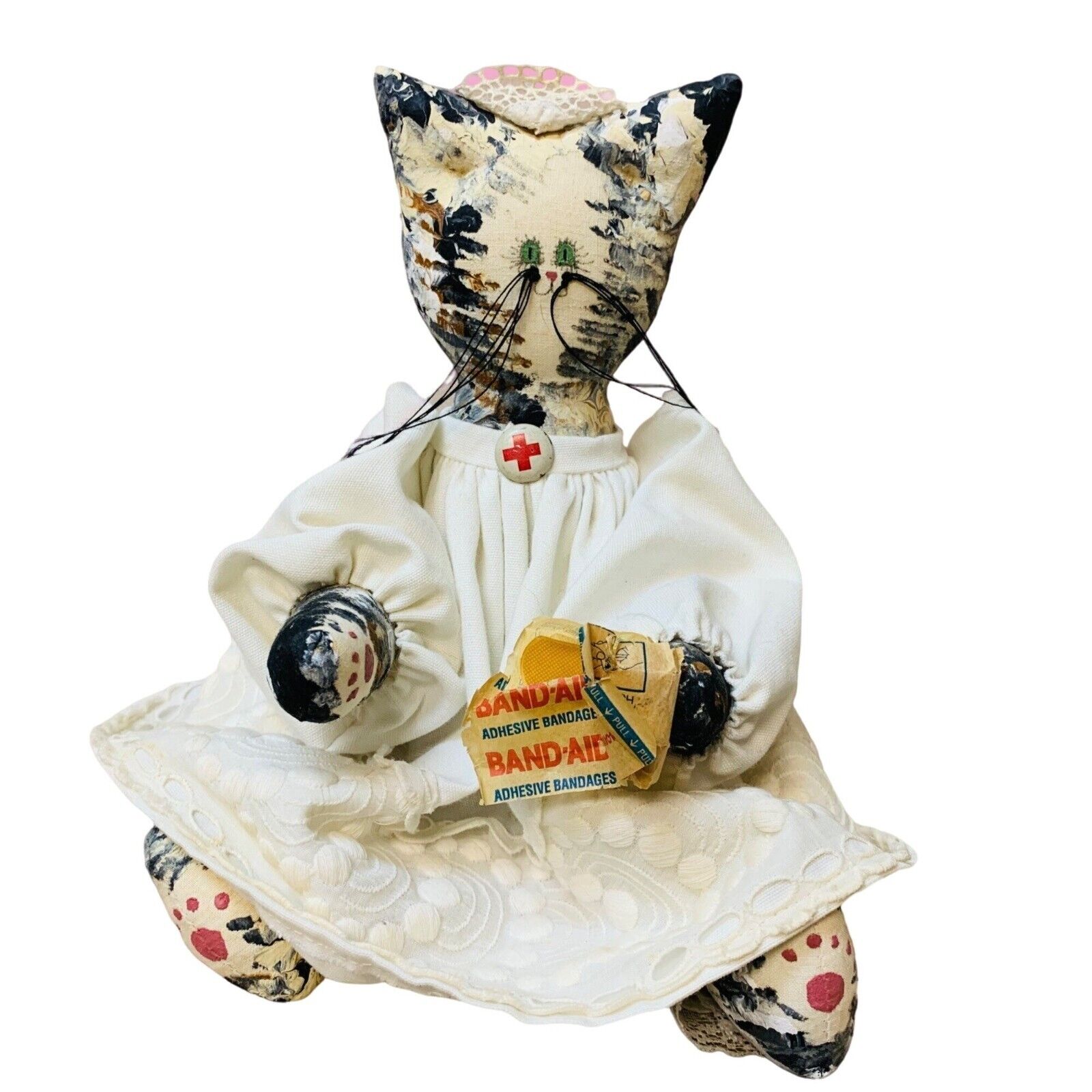 VTG Nurse Kitty Cat Folk Art Doll Handmade 14” Jointed Fabric Painted Red Cross