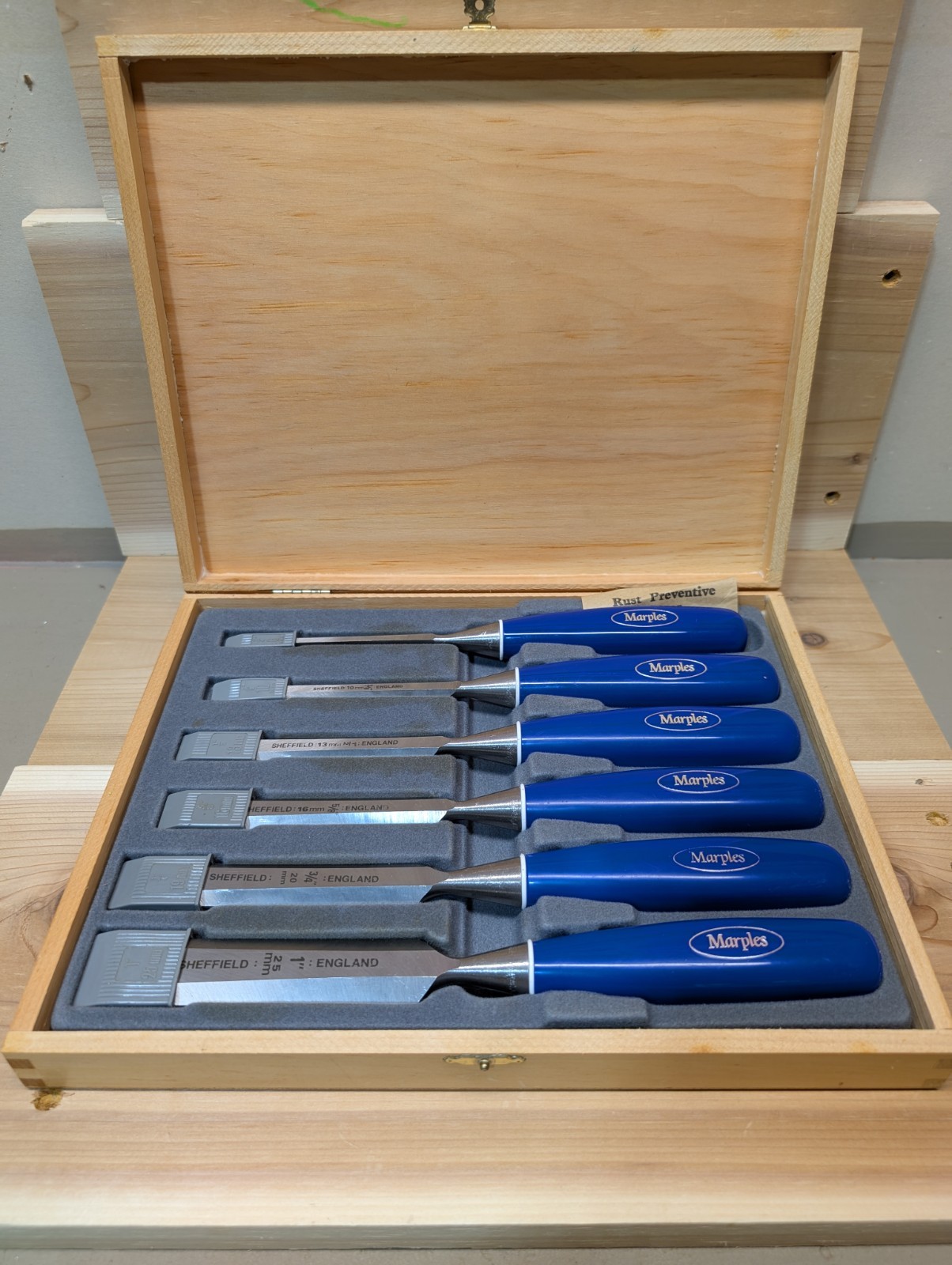Marples Sheffield England Blue Chip Set (6) Chisels Record Tool Wood Box Vintage