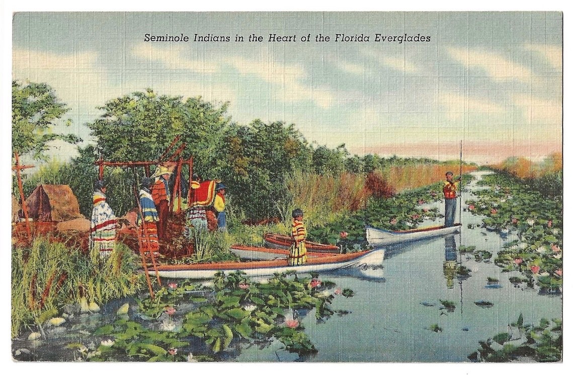 Everglades Florida c1940\'s Native American Seminole Indian family, boats
