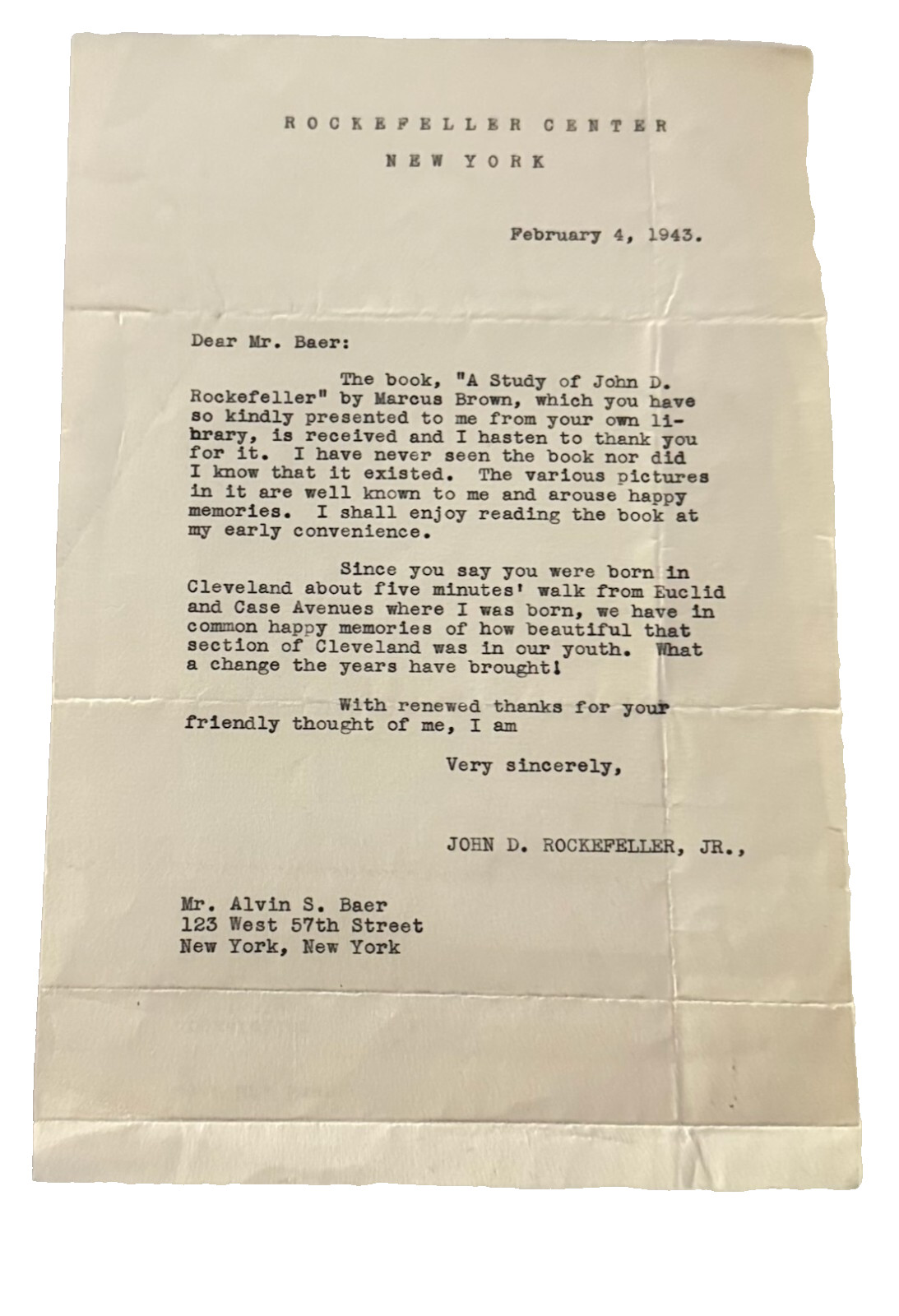 John D. Rockefeller Jr. 1943 Typewritten Letter Rockefeller Center