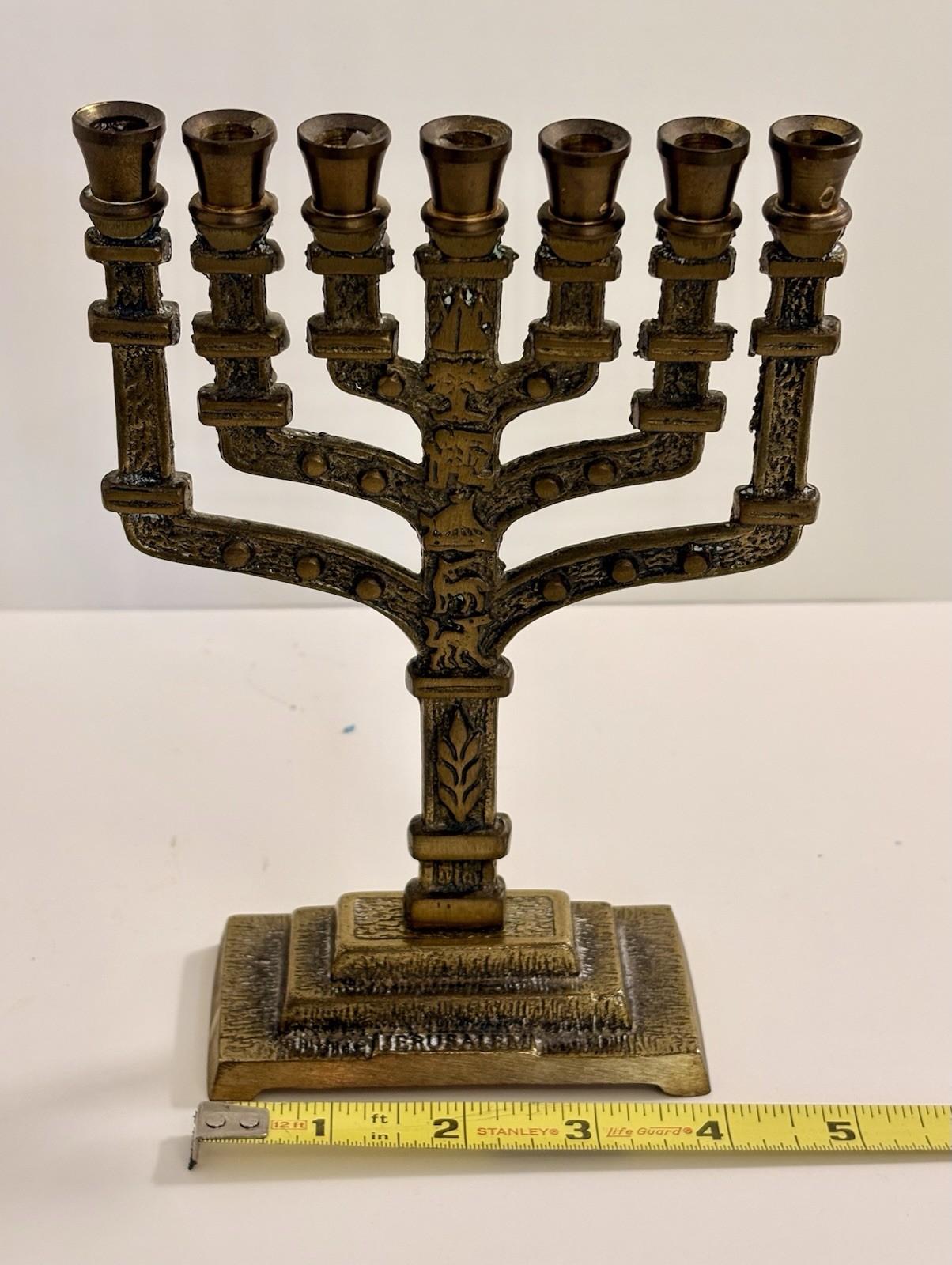Vtg Brass Menorah 7 Branch Candle Holder Made In Jerusalem 9.5