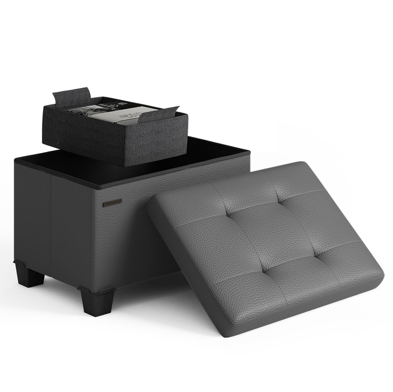 Storage Ottoman Cube with Small Bin, 16-in Square Ottoman with Storage for Livin