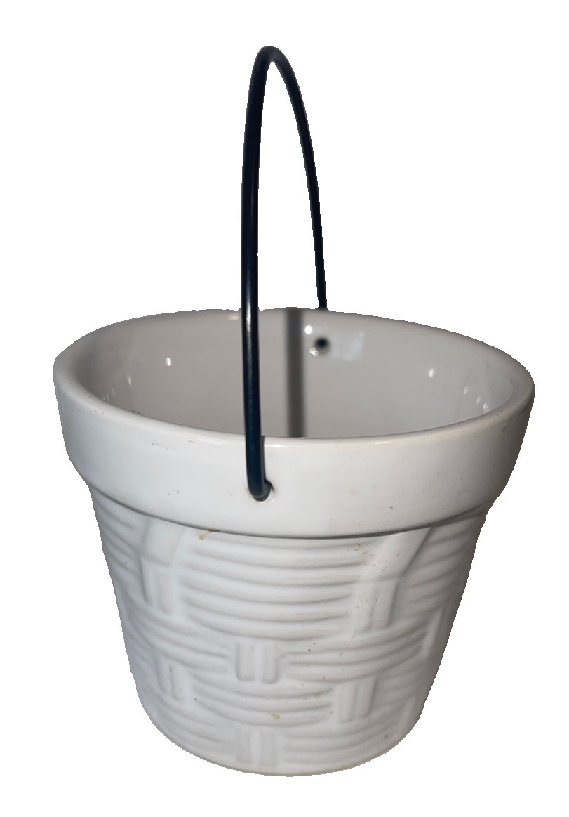 Fun WCL Vintage White Miniature Ceramic Bucket With Metal Bail Handle 