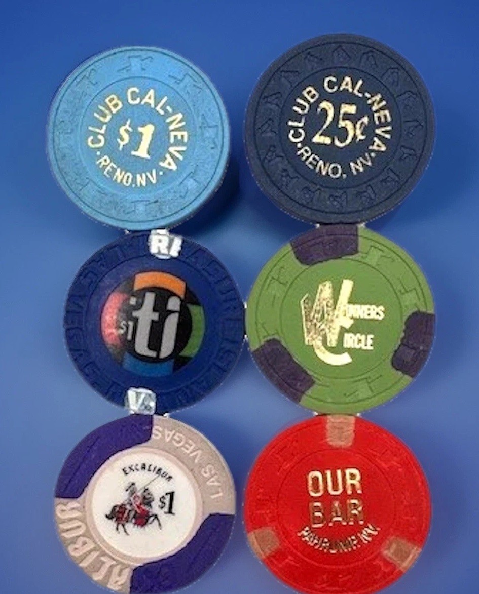 Lot 6 Las Vegas & Reno Casino Chips-TI, Winners Circle,Cal-Neva, Our Bar
