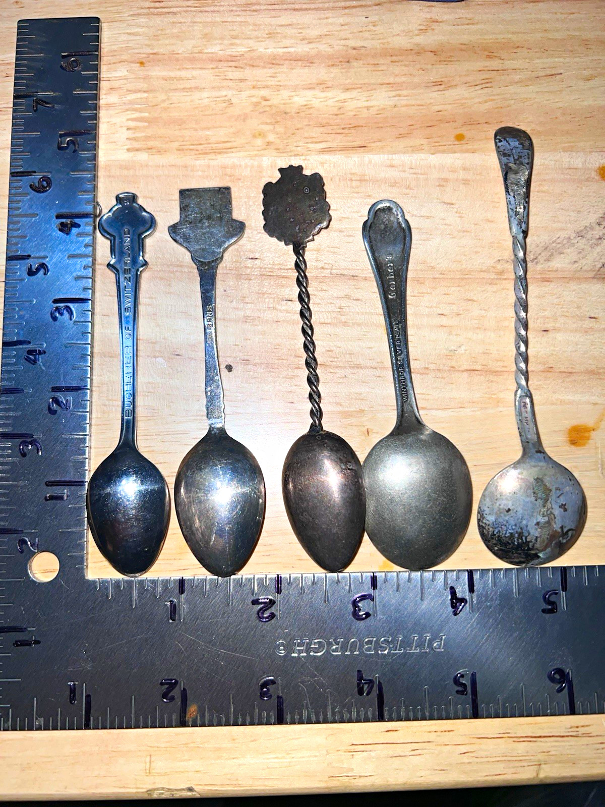  Souvenir Spoon Lot of 5 Silver Metal Mixed Designs/ Rolex, Gerber
