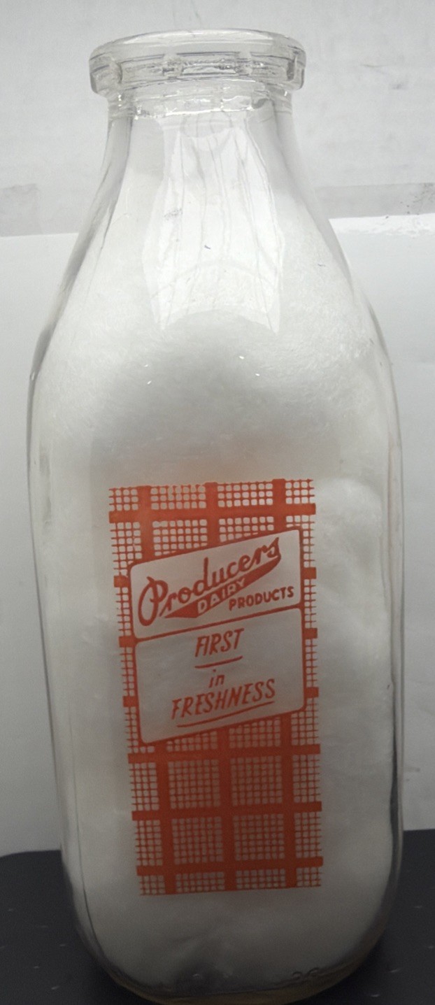 Vintage 1953 Producers Dairy Peoria IL Milk Bottle 1 Quart Orange Pyro ACL.: 9A1