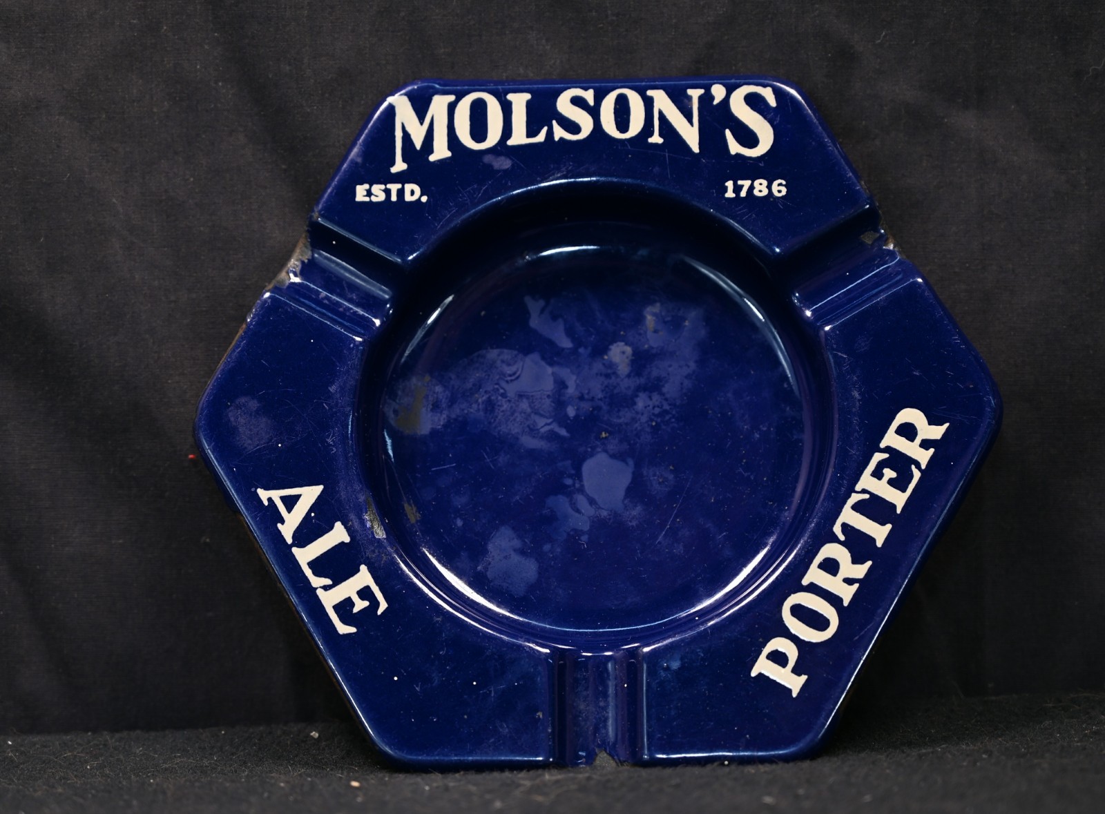 Vintage Molson’s Ale Porter Blue Porcelain Enamel Over Steel Hexagon Bar Ashtray