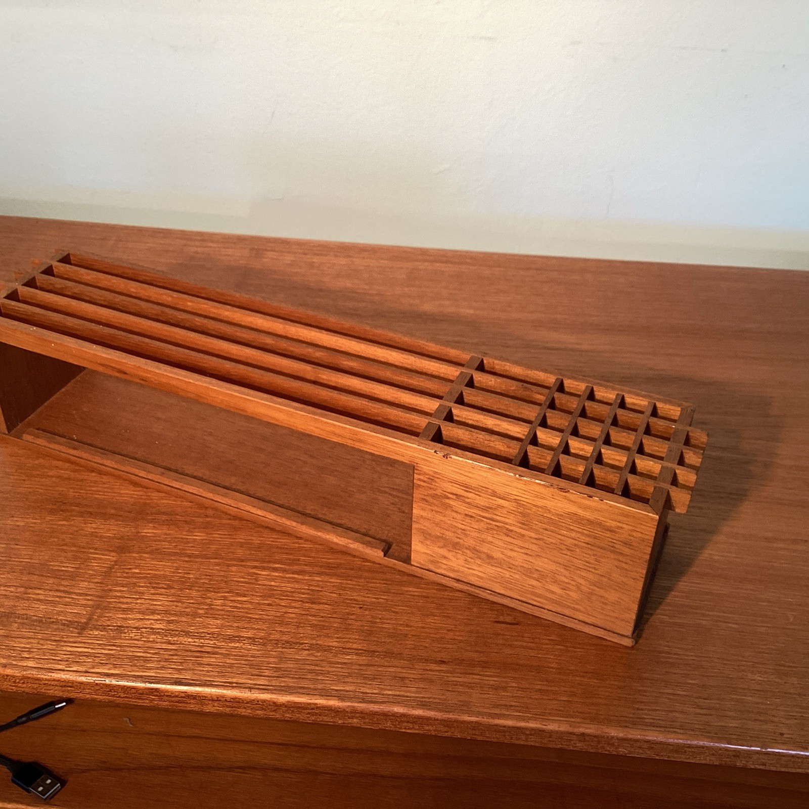 Vintage 1950’s MCM Wooden Desk Desktop Organizer Letter Paper Pen Holder.