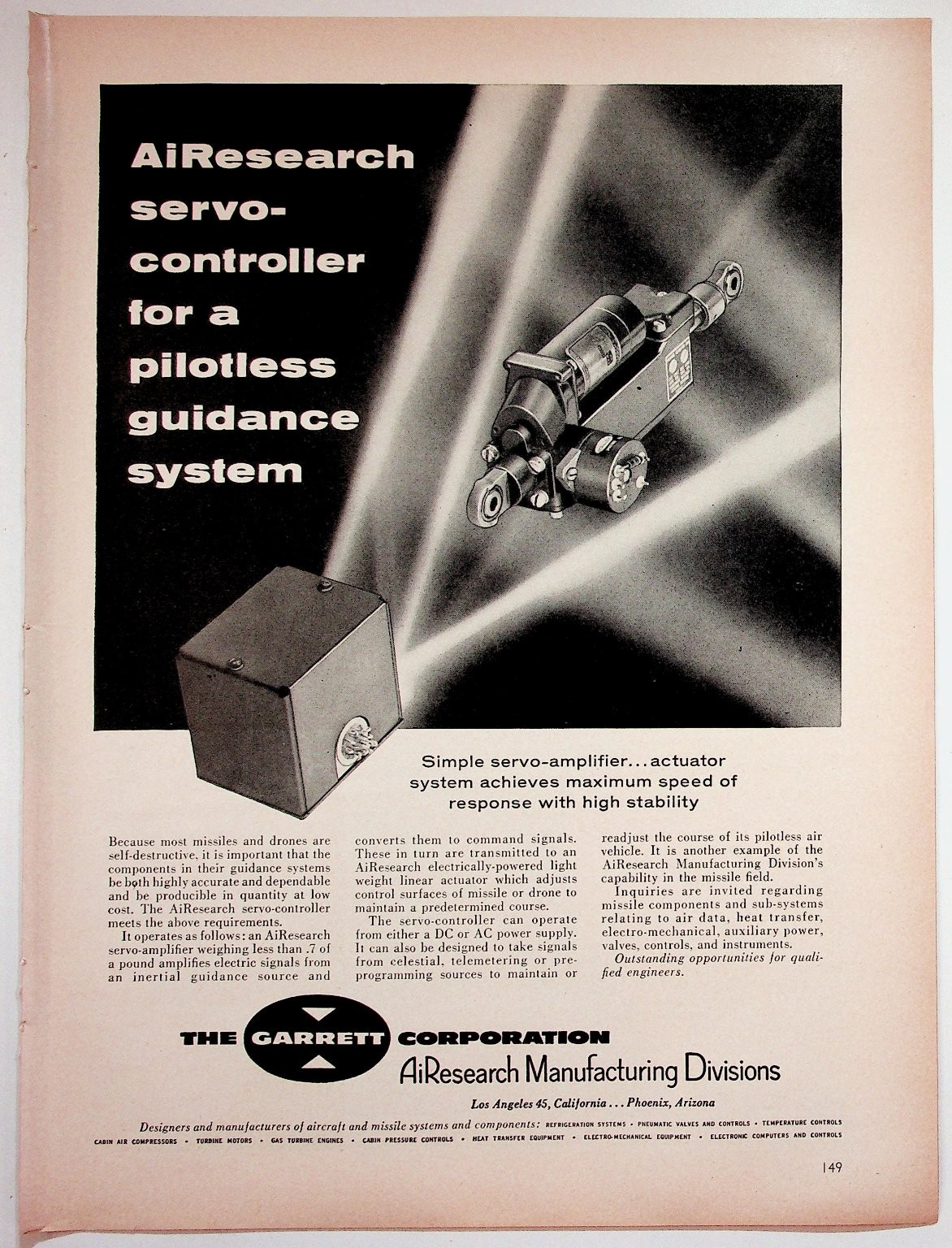 Garrett AiResearch 1957 Print Advertisement Servo Controller Missile Tech