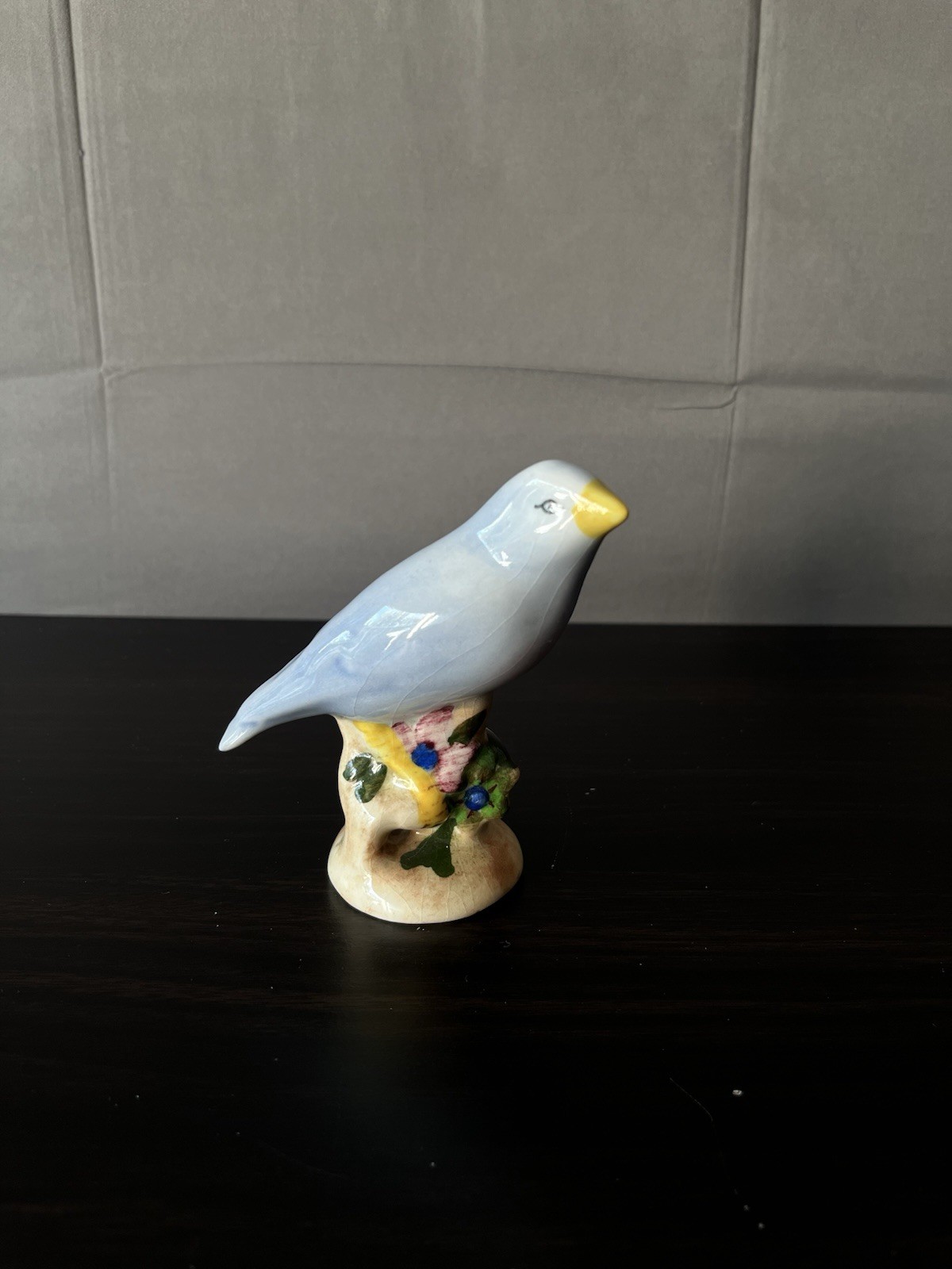 Vintage Blue Bird Porcelain Figurine Floral Base Yellow Beak Ceramic Decor