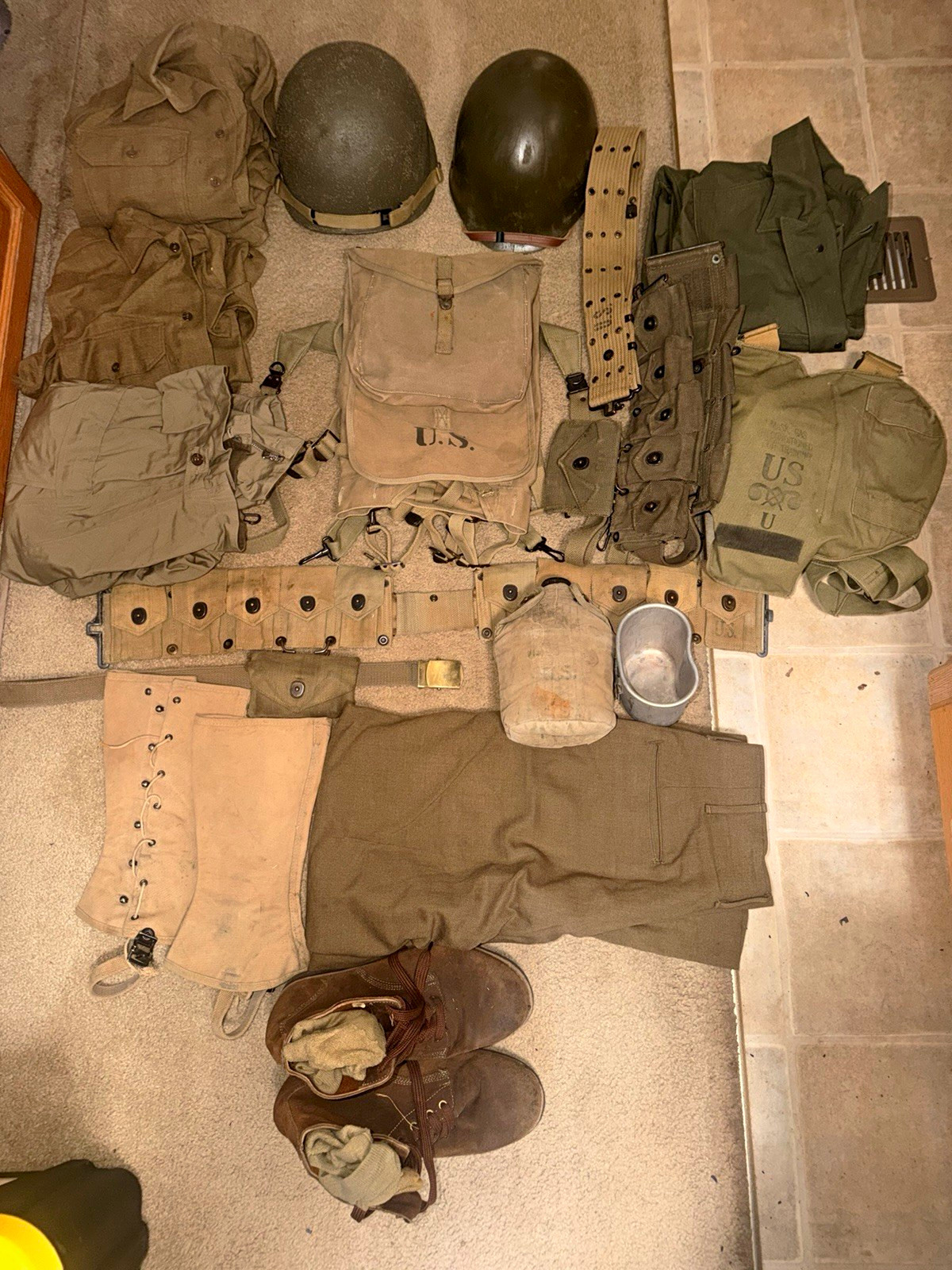 WWII Original US Army Field Gear Lot Helmets Web Gear Canteen Mess Kit