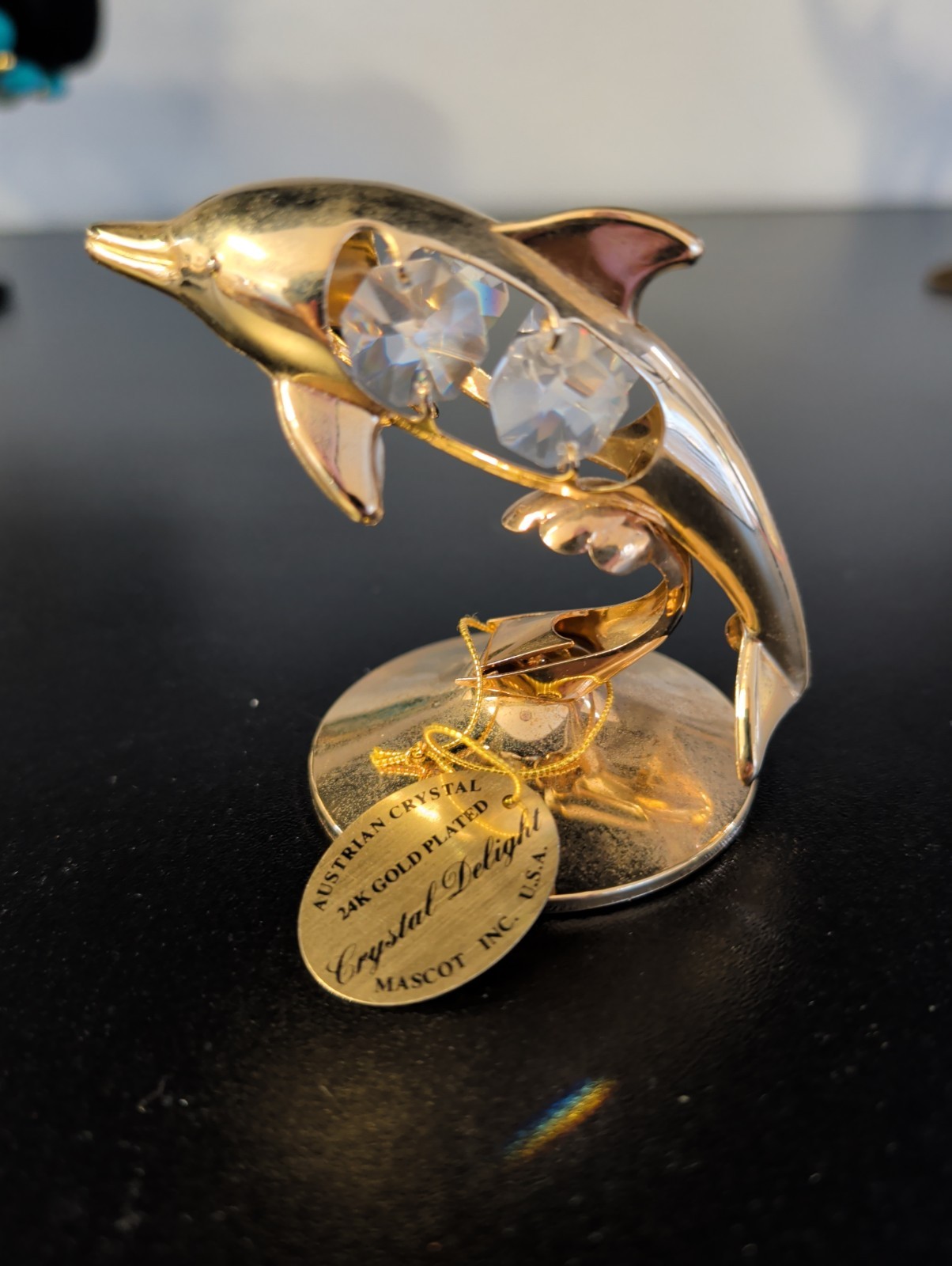 Vintage Austrian Crystal Delight MASCOT Dolphin Figurine 24K Plated USA w/ tag