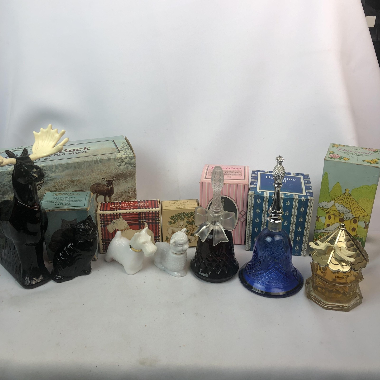 Vintage Avon Cologne After Shave Decanter Bottles Lot 7 Animals Bells W Boxes