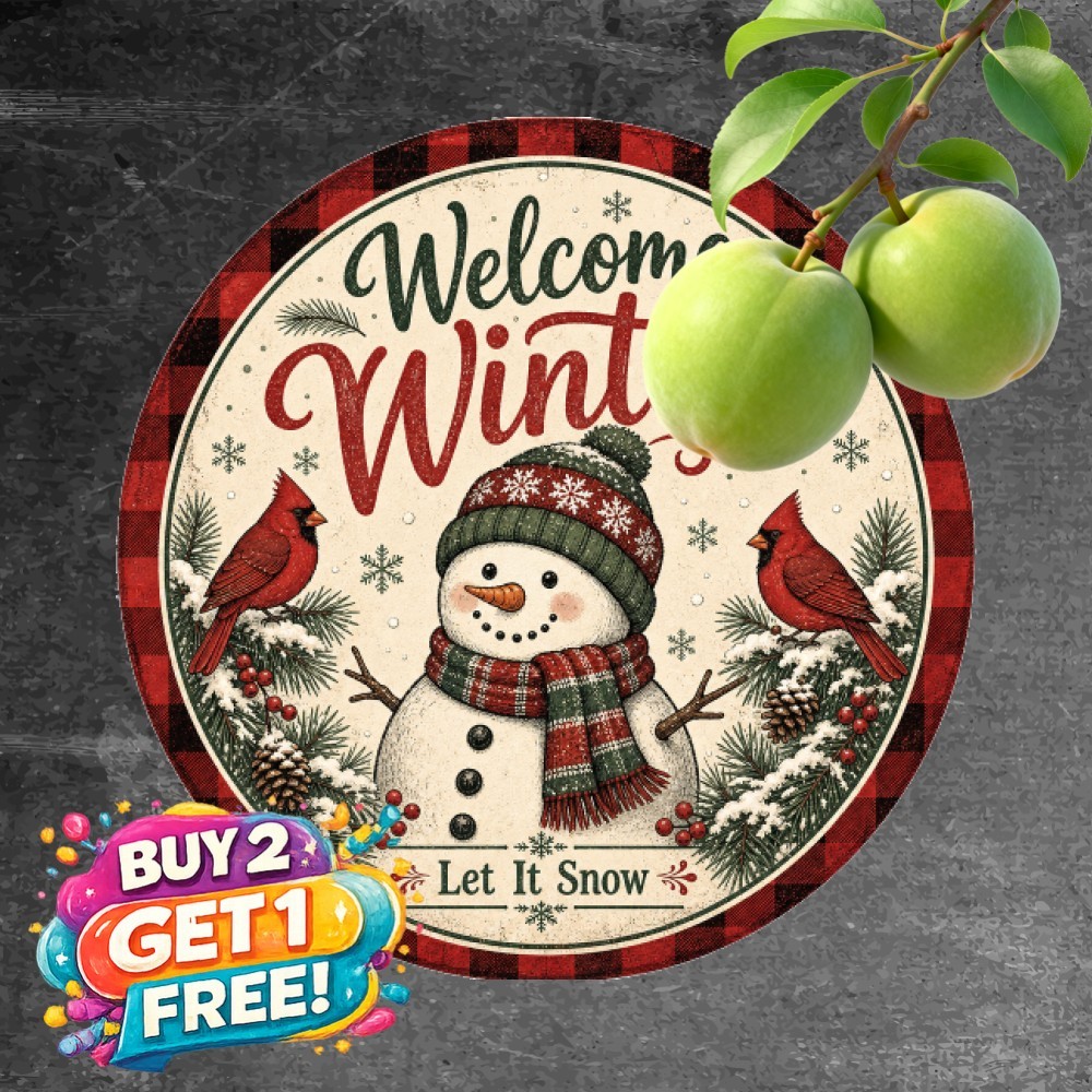 Christmas Snowman Red Cardinals Tin Sign Round Winter Holiday Metal Plaque 8x8