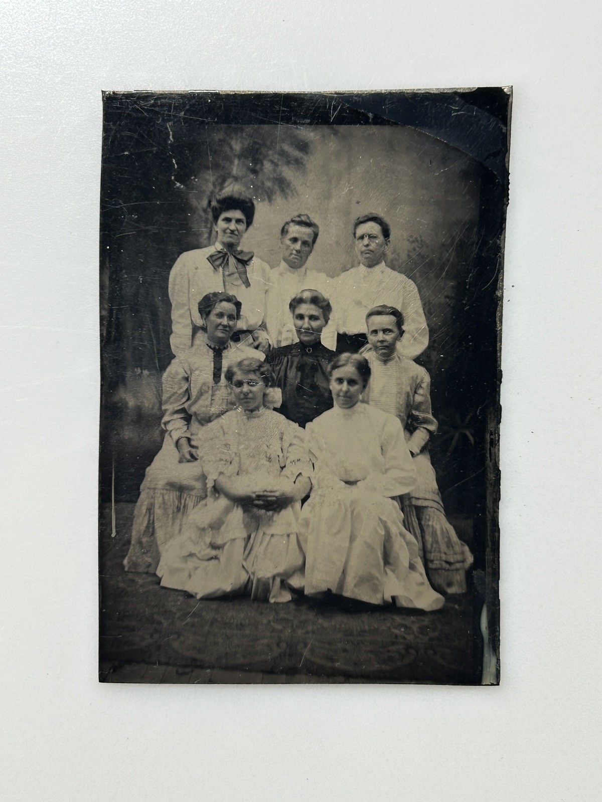 Antique Tintype 9 Women Victorian Group Portrait Dresses 1/6 Plate