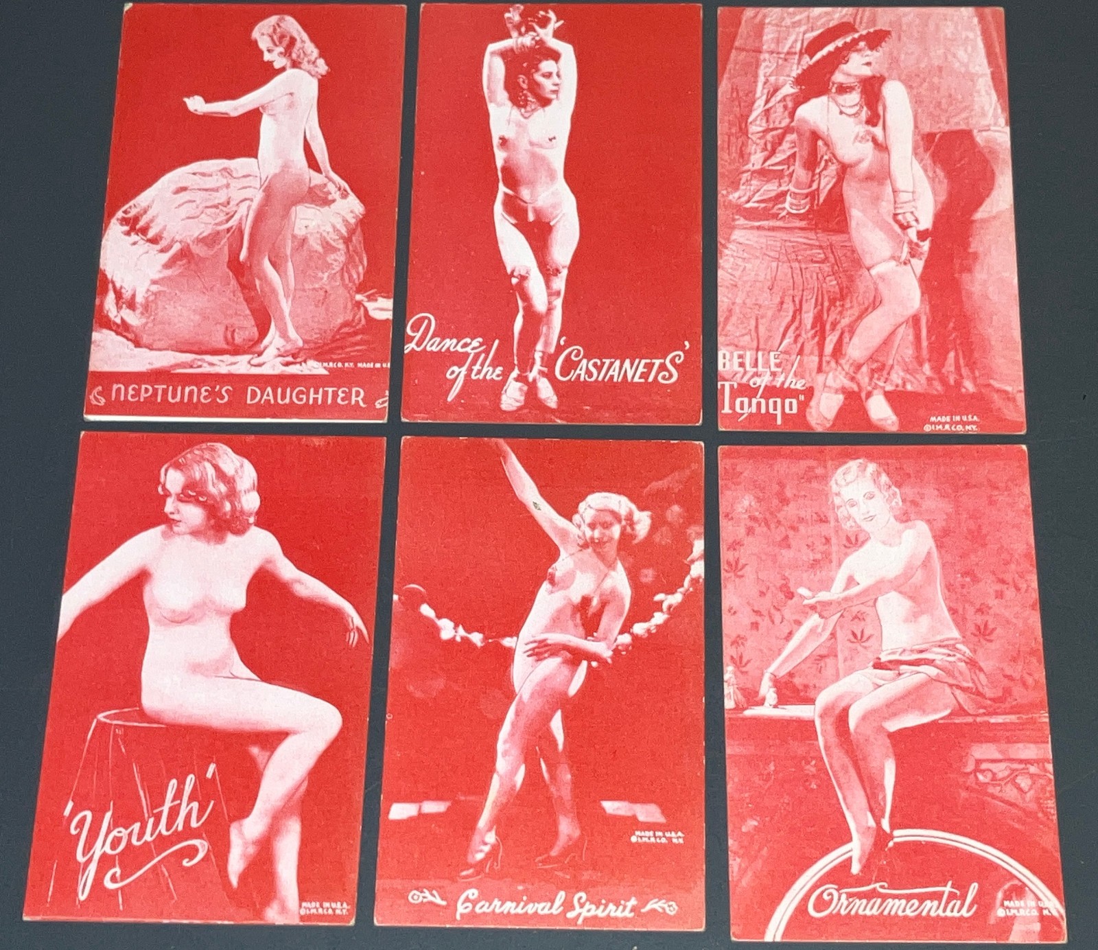 6 Vintage 1940s Mutoscope Arcade Cards Red Tint Pin-Up Art Nudes I.M.R. Co. Lot
