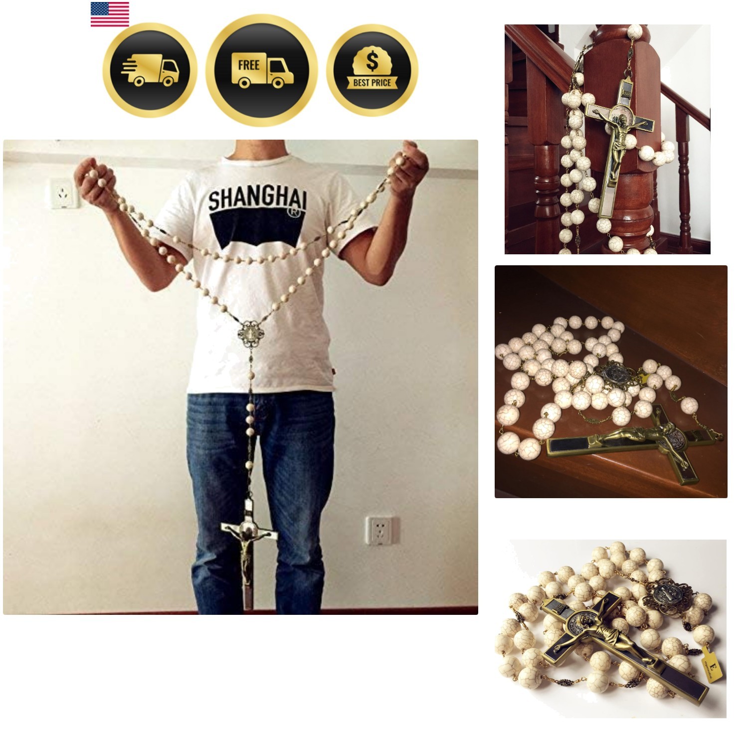 Rosary Beads Wall Decor Religious Gift Large 20mm Howlite St Benedict Cross