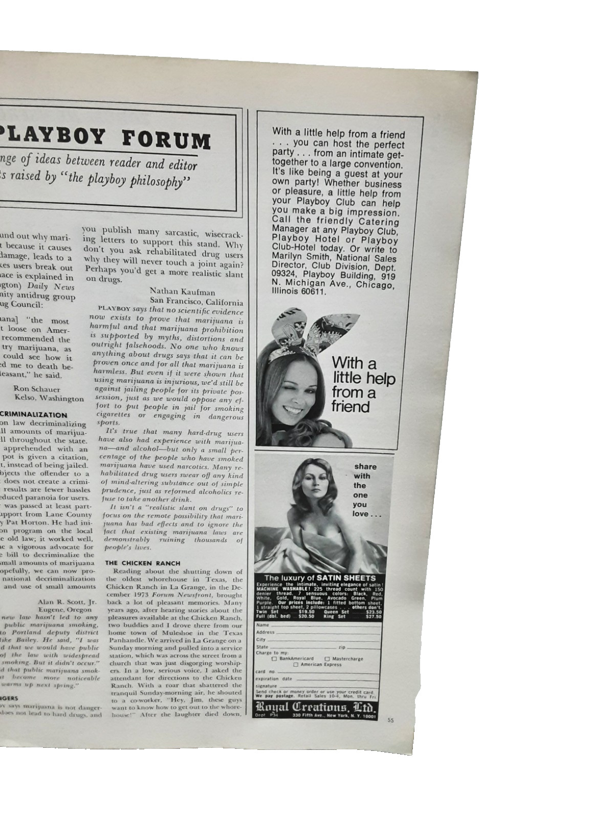 Vintage 1974 Print Ads Playboy Club Catering + Satin Sheets Authentic Original