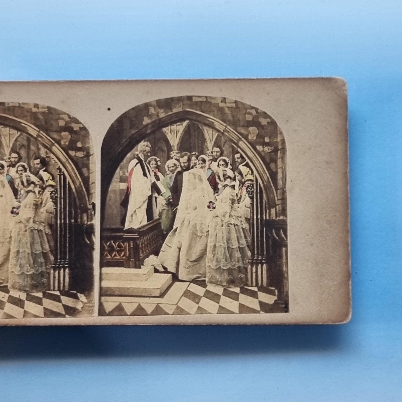 Victorian Fashion Stereoview C1855 Real Photo Wedding Church Lace Dress Tinted