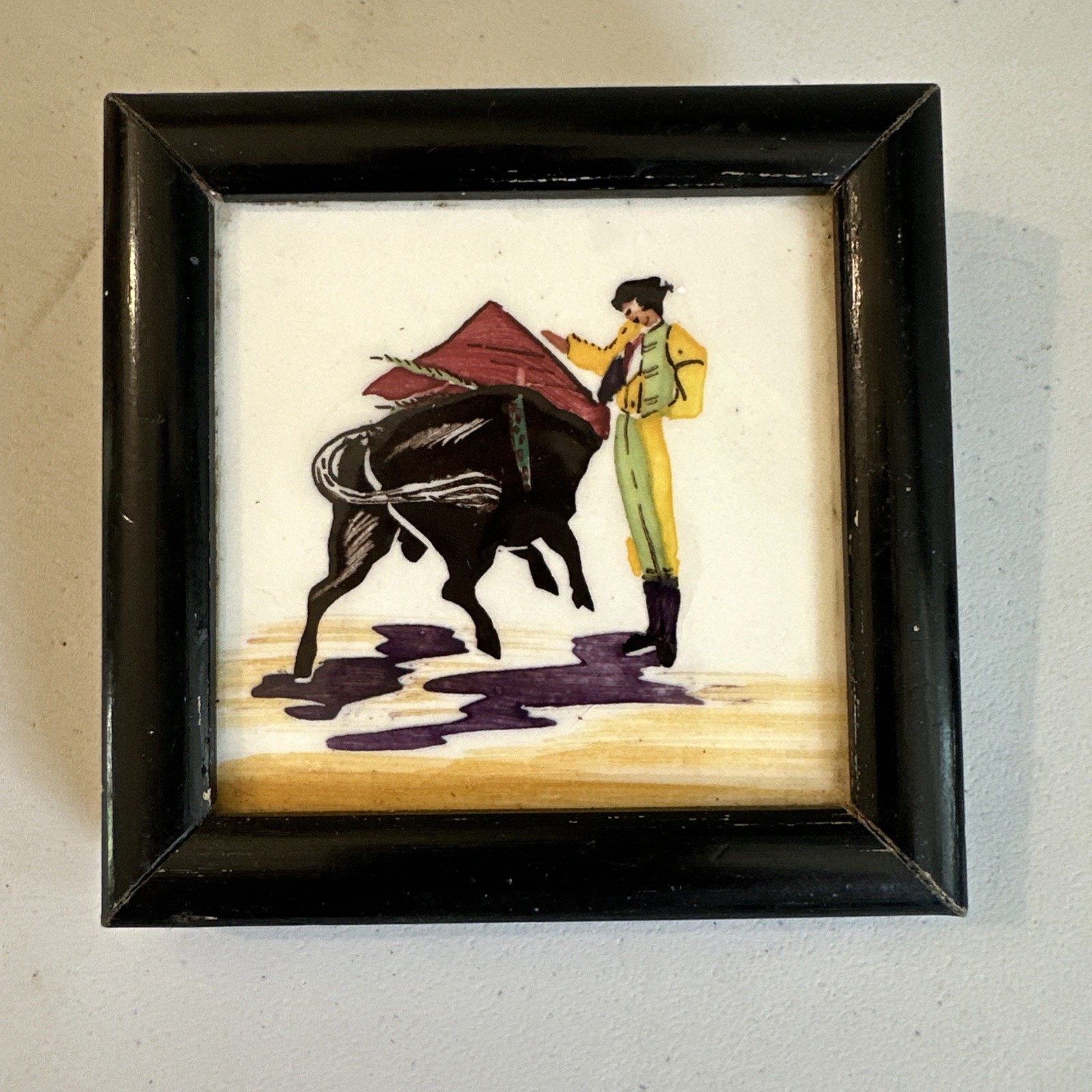 Vintage MCM Hand painted Mini Tile Artwork Matador Bullfighting Framed 3.5”