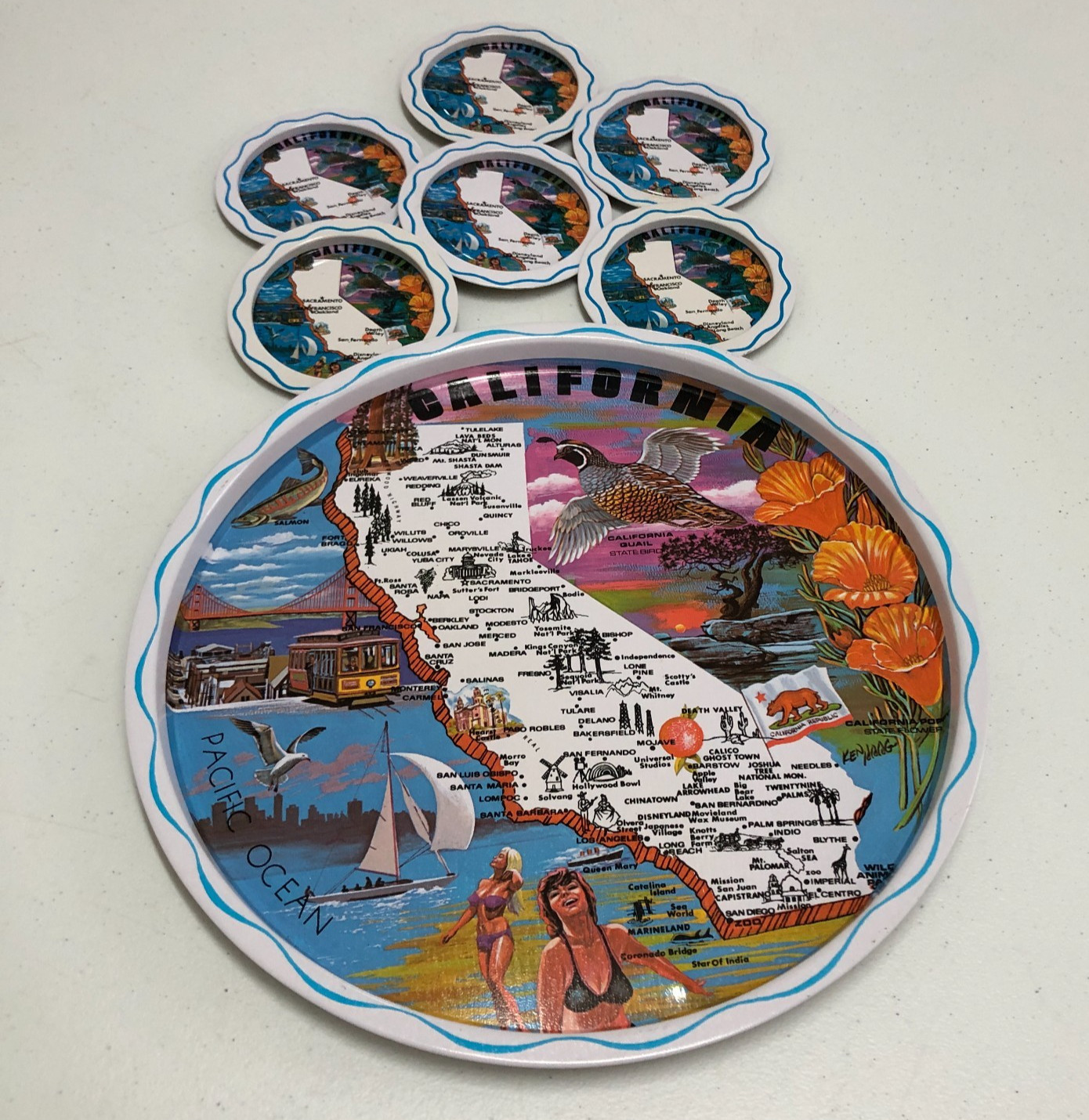 vtg 70s Collectible California Tin Serving Tray/Coasters Set 7 Piece Orig Pckg