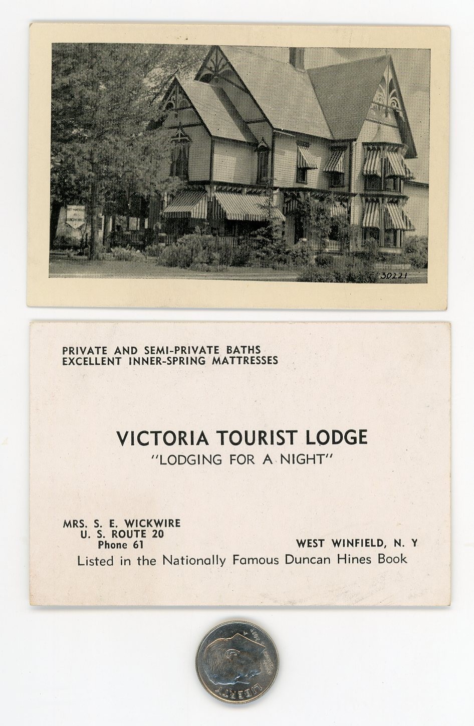 (2) Vtg 1930s BUSINESS CARDS - VICTORIA Tourist Lodge / Wickwire West Enfield NY