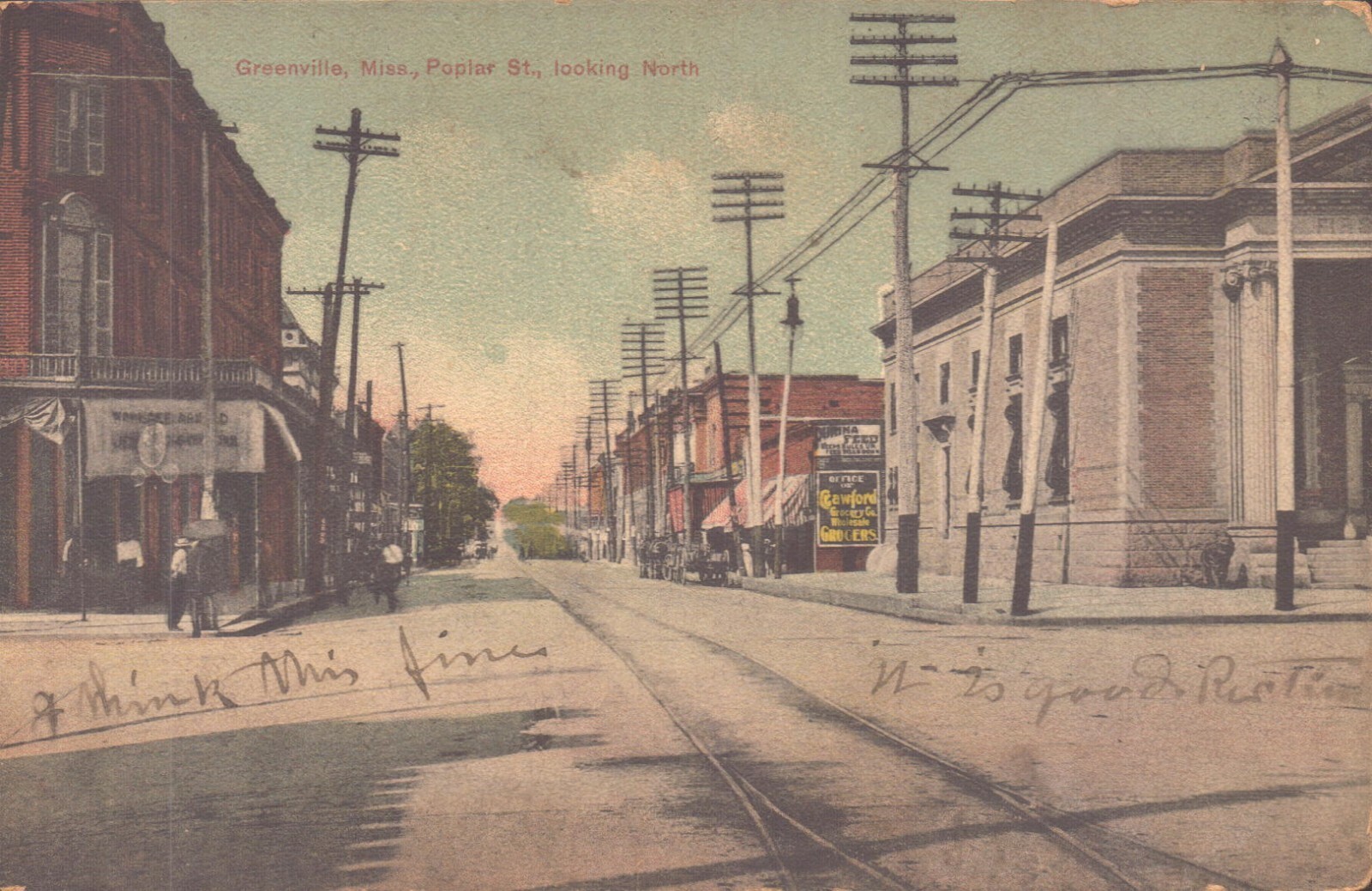 Antique Postcard GREENVILLE MISS POPLAR ST Looking N 1908 Signs Poles Wagon
