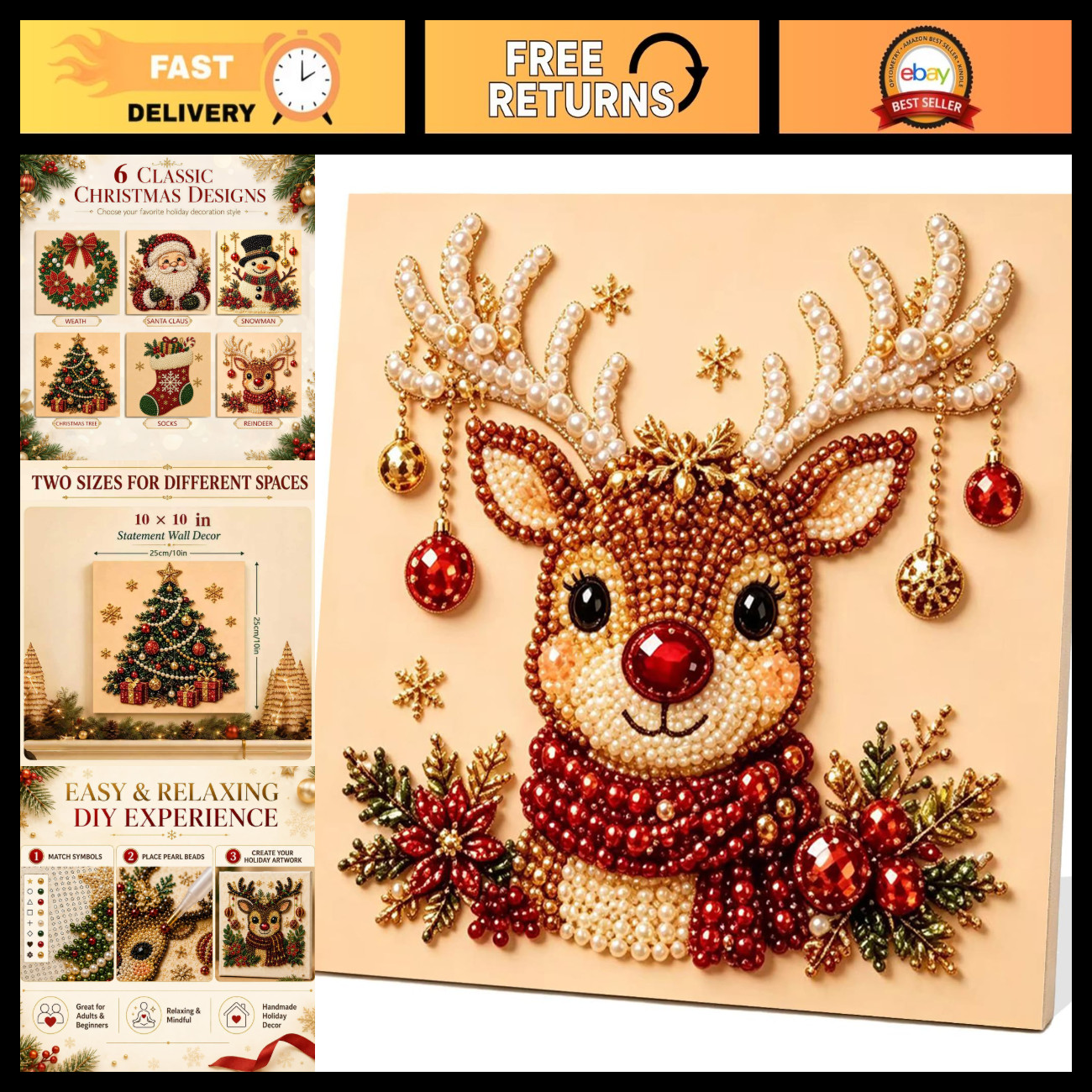 5D Christmas Deer Pearl Diamond Art Kits for Adults with Frame 10x10in