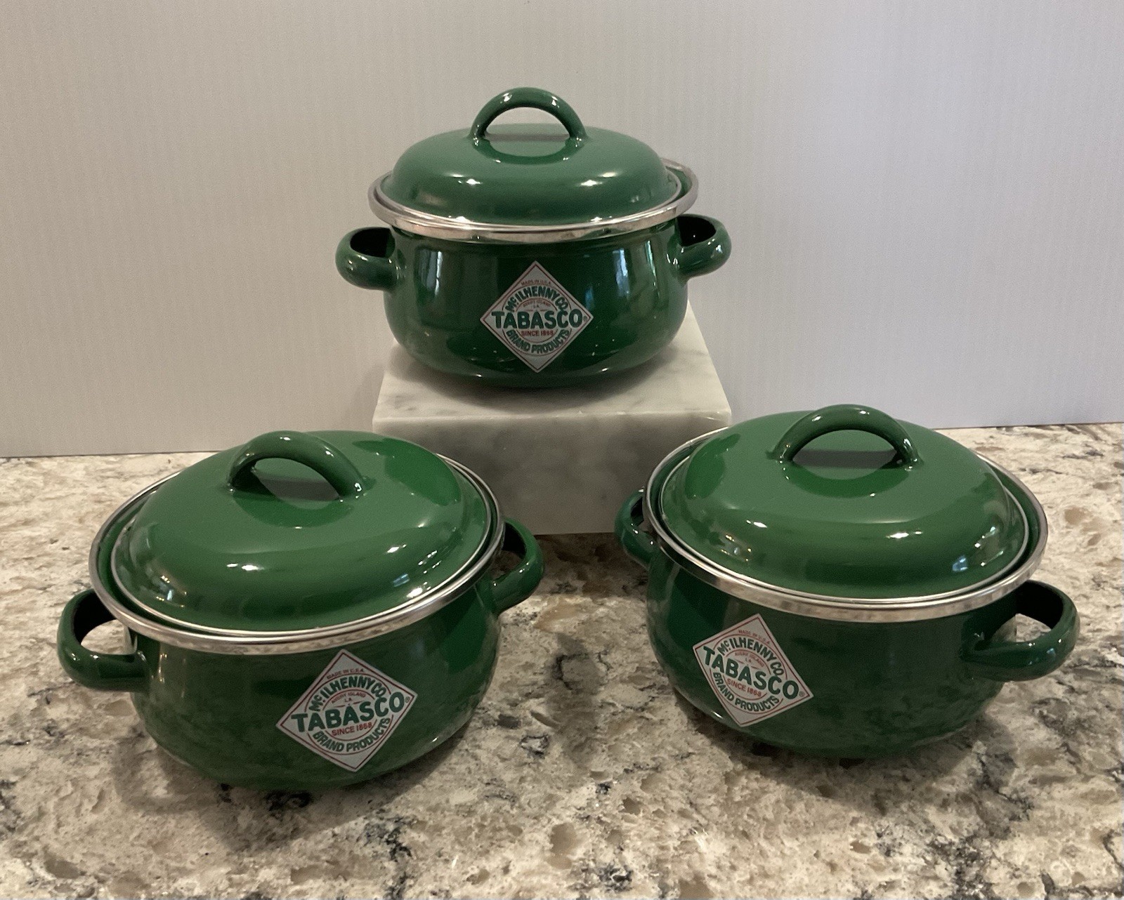 Vtg. Advertising Enamel Tabasco McIlHenny Co Enamelware Pots w/ lids- 3 sets